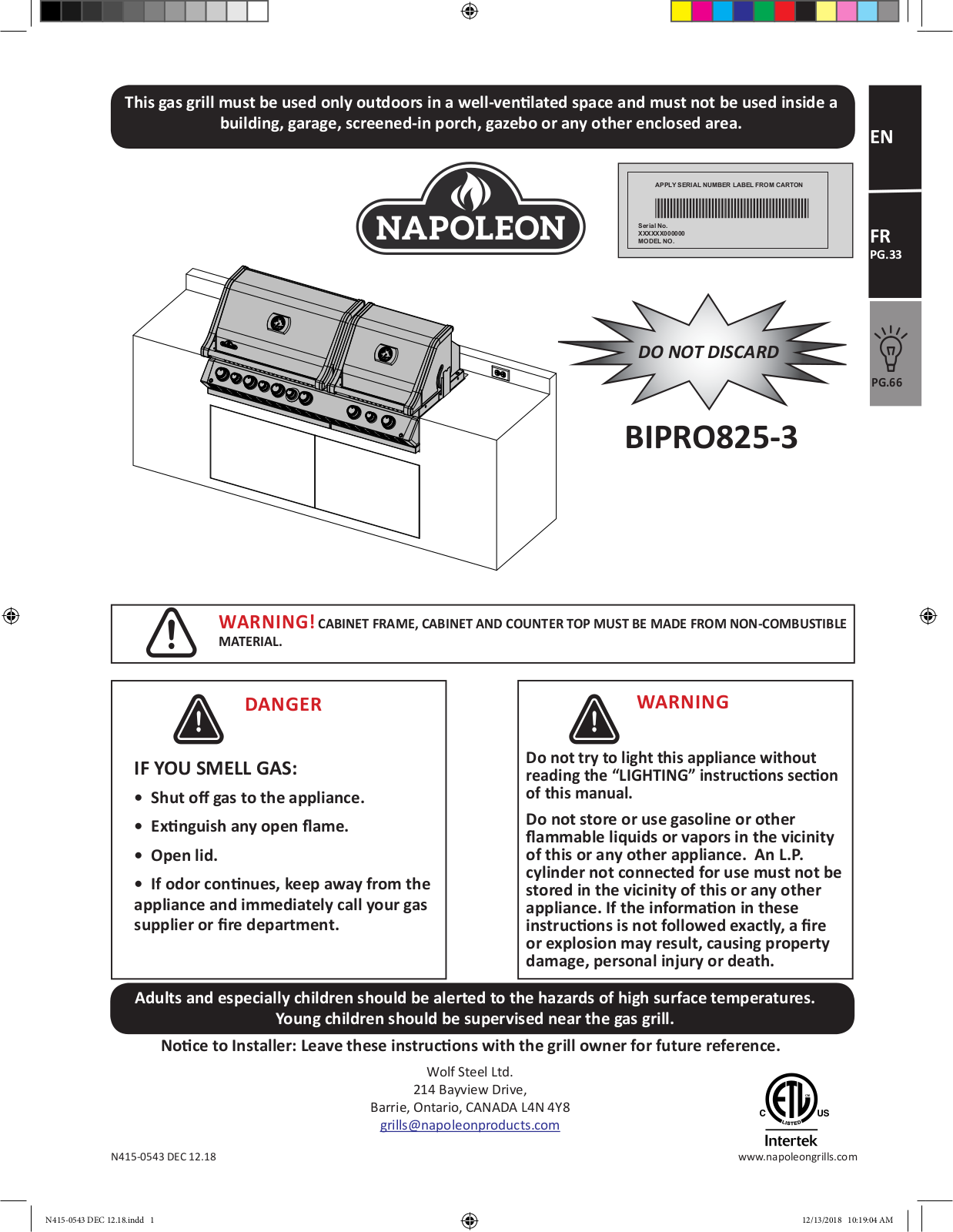 Napoleon BIPRO825RBIPSS3 User Manual