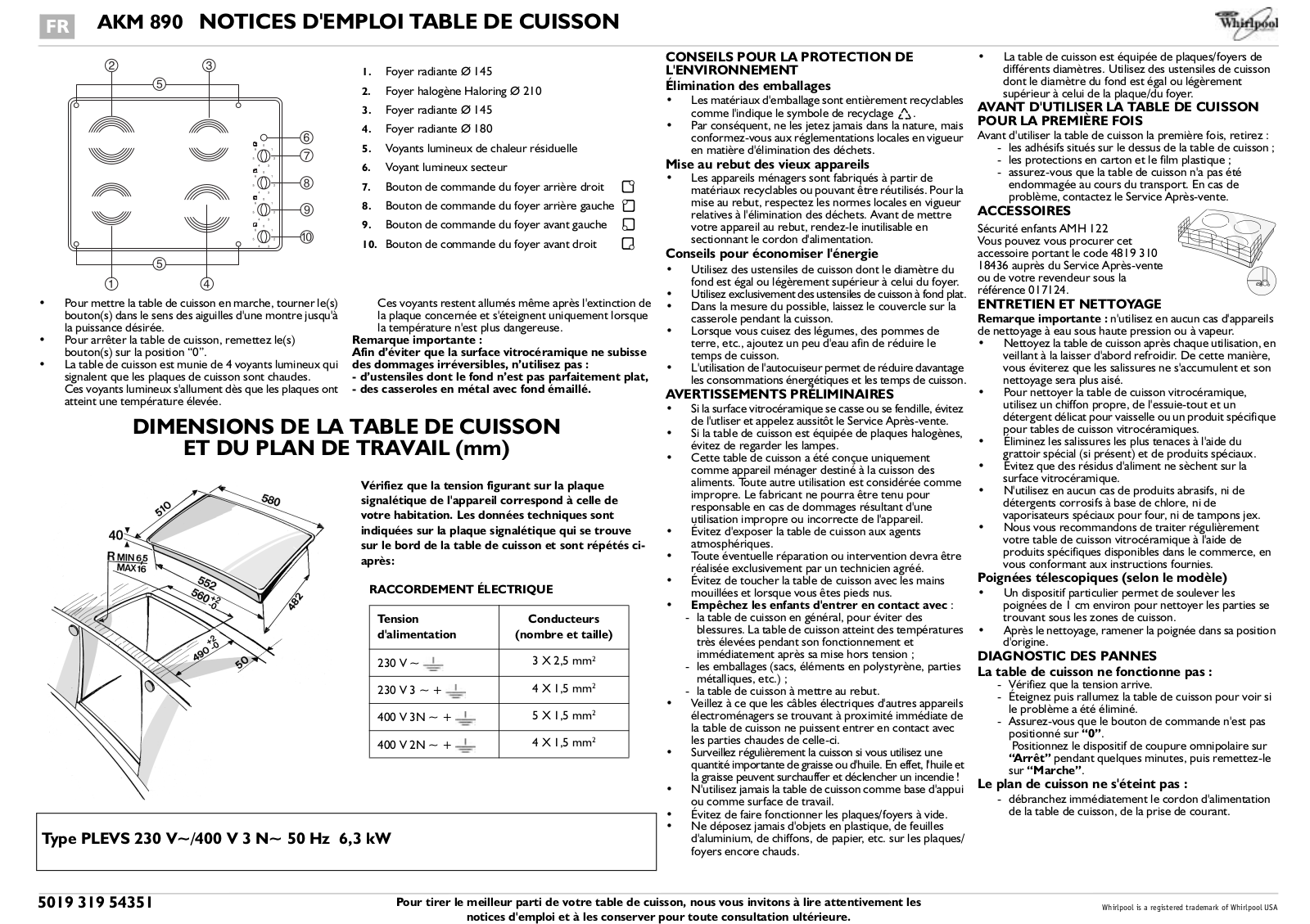 Whirlpool AKM 890 PRODUCT SHEET