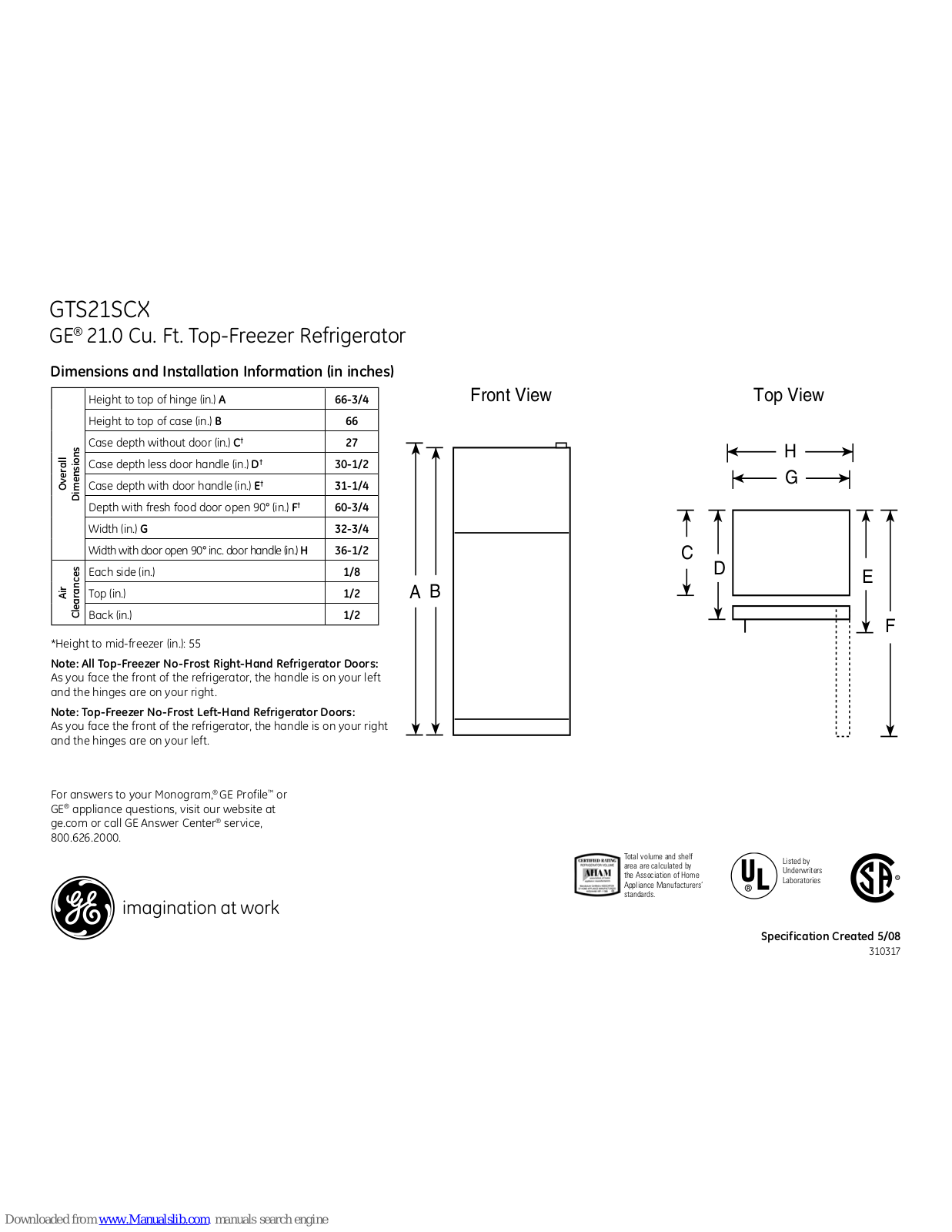 GE GTS21SCXSS, GTS21SCX Dimensions And Installation Information