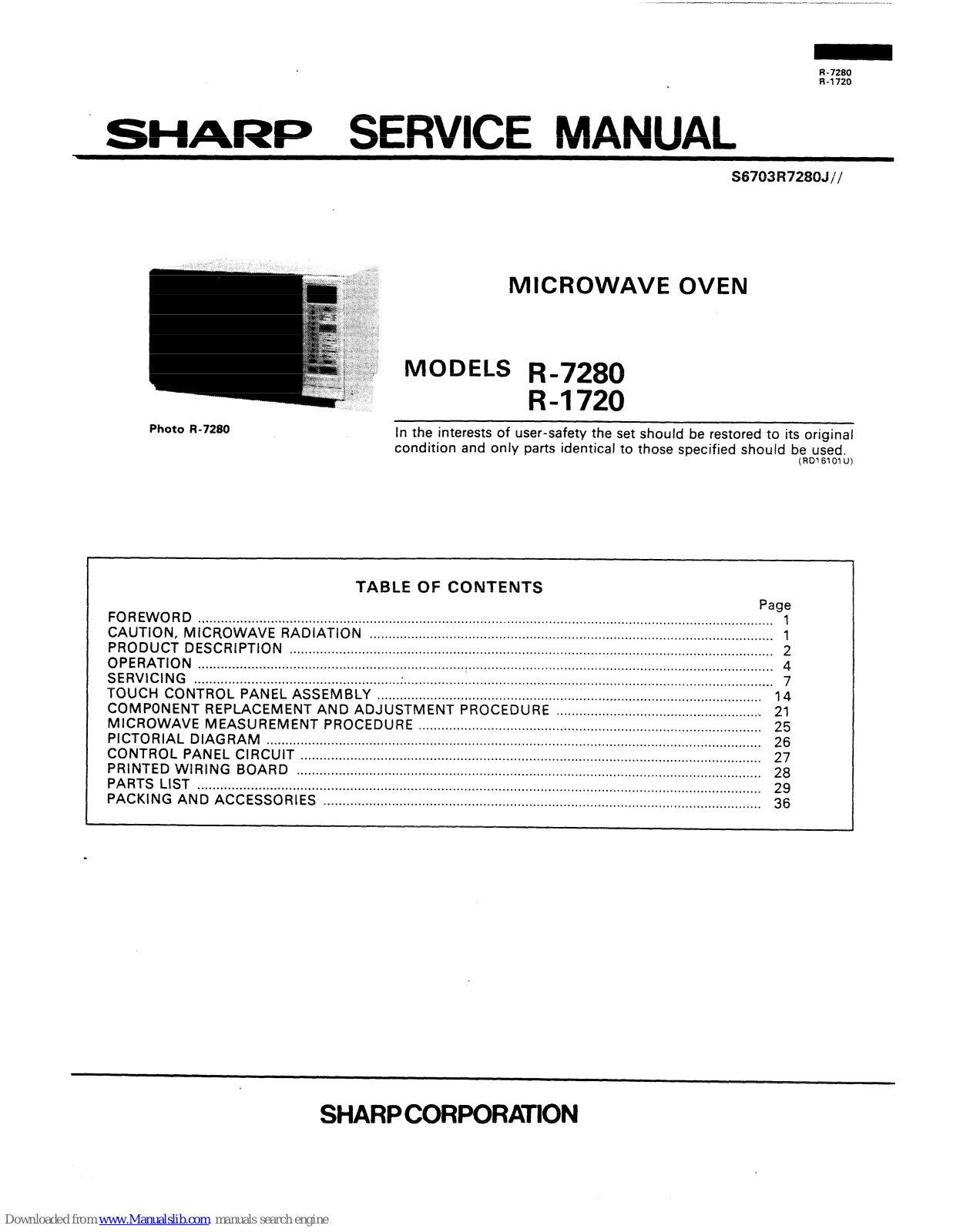Sharp R-7280, R-1720 Service Manual - ManualMachine.com
