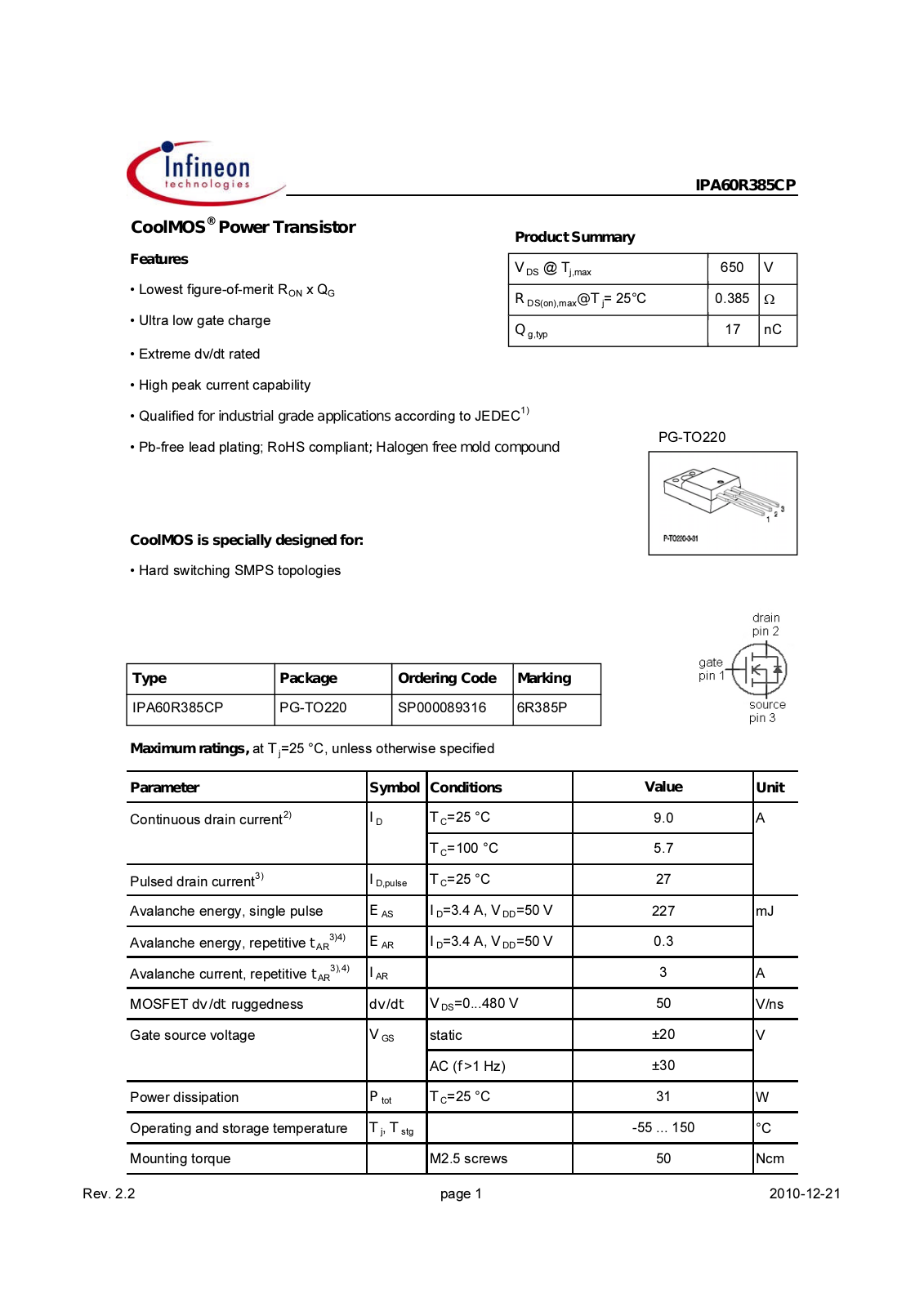 Datasheet ipa60r385cp_rev2.2 Datasheet - ManualMachine.com
