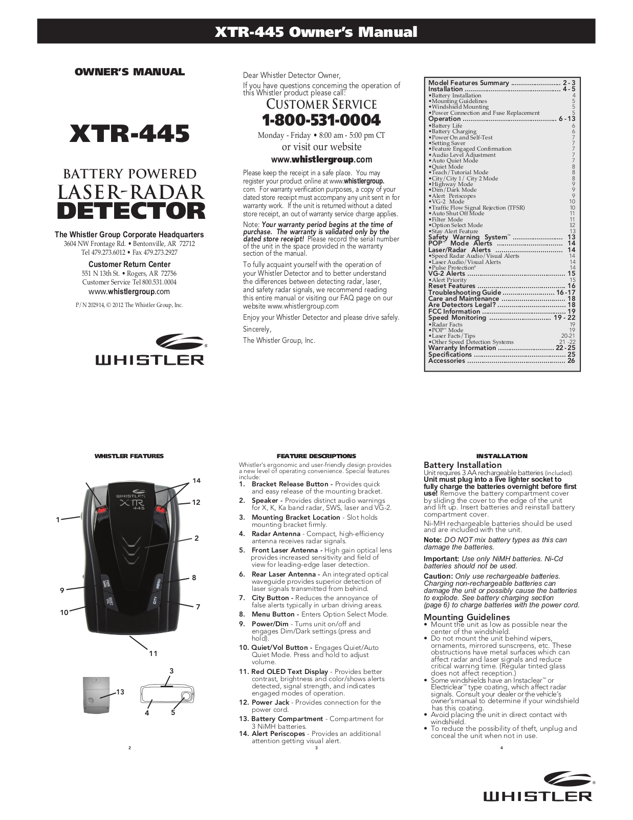 Whistler XTR-445 User Manual