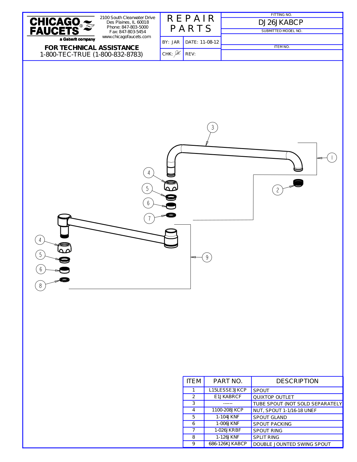 Chicago Faucet DJ26JKAB Parts List