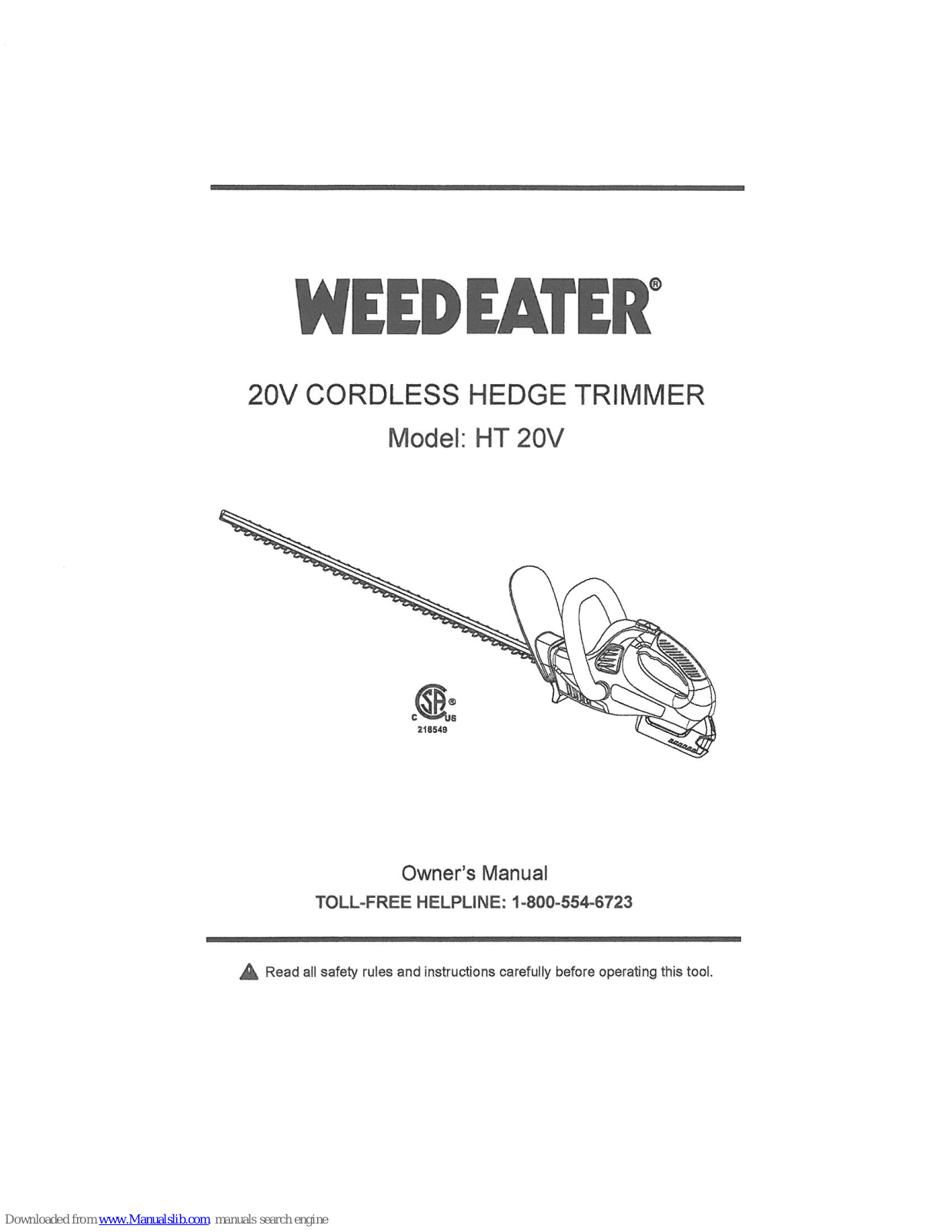 Weed Eater HT 20V Owner's Manual