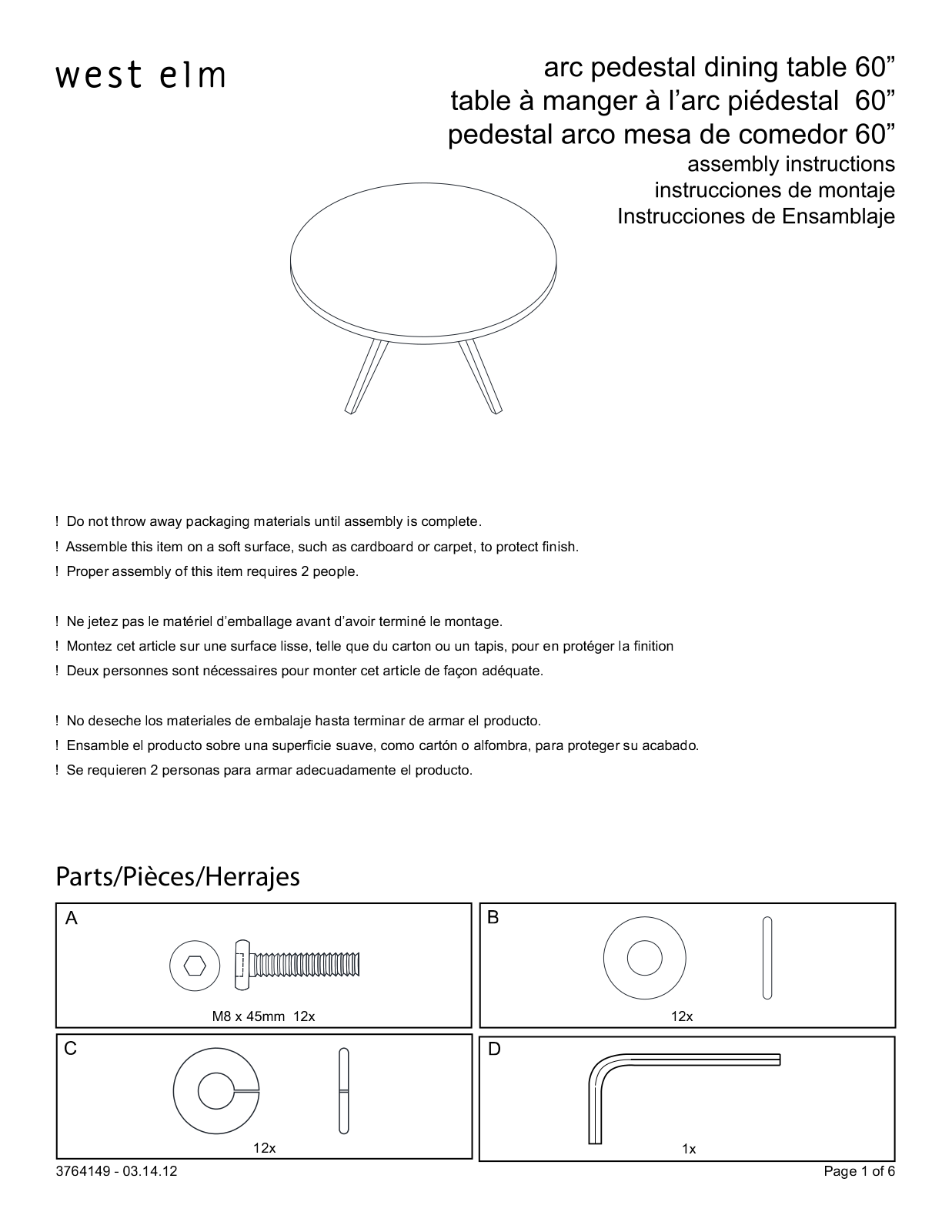 West Elm Arc Base Pedestal Table 60 Assembly Instruction