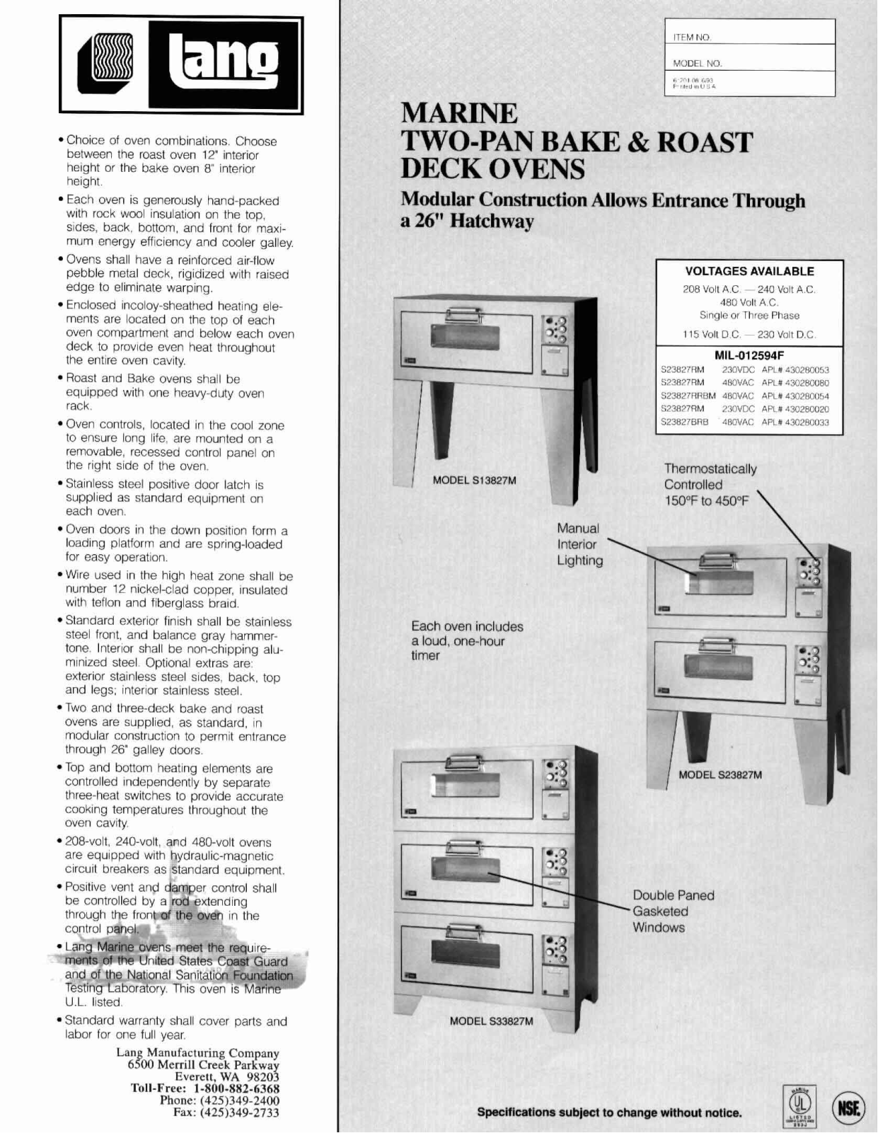 Lang Manufacturing S13827B Service Manual