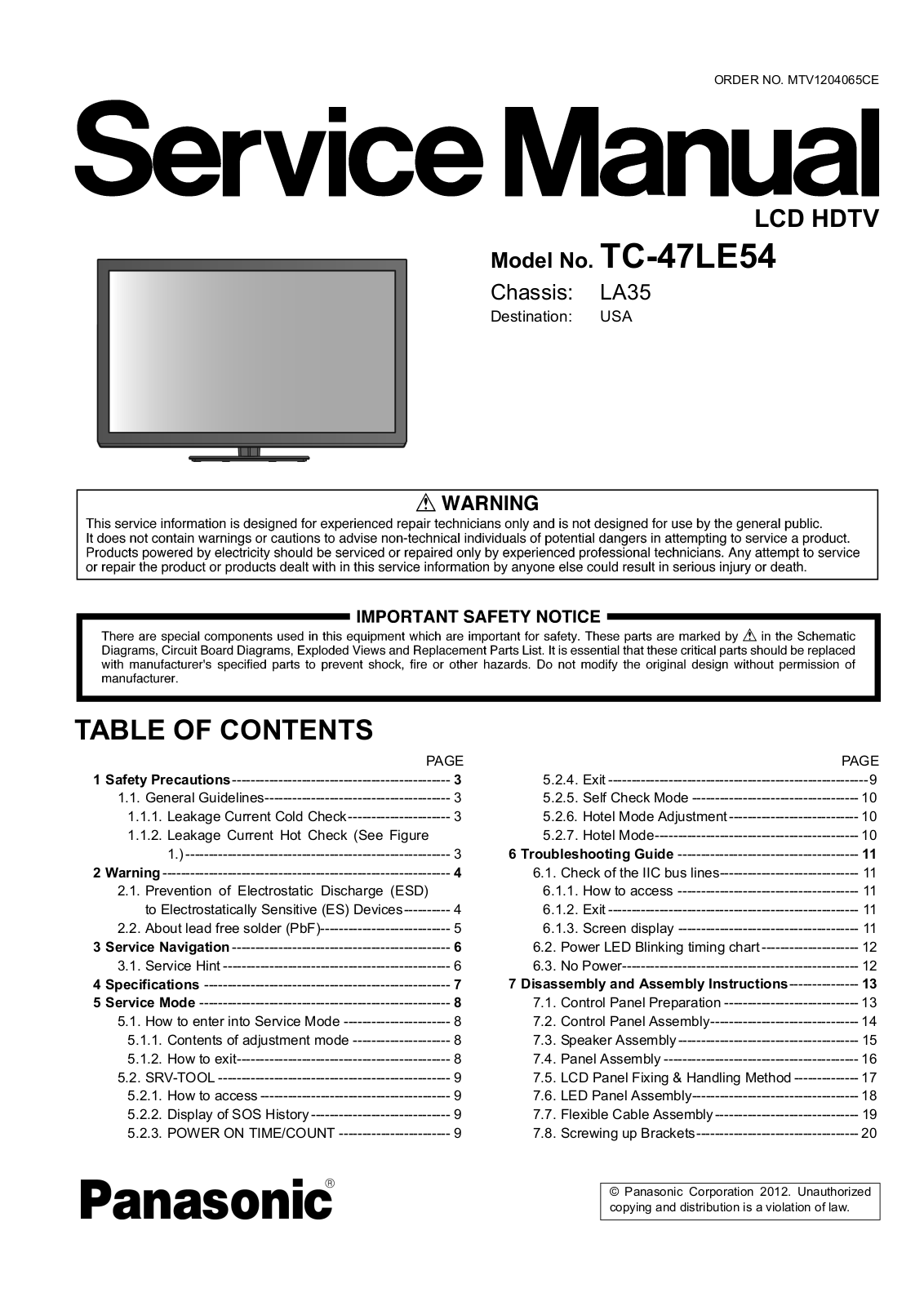 Panasonic TC-47LE54 Schematic