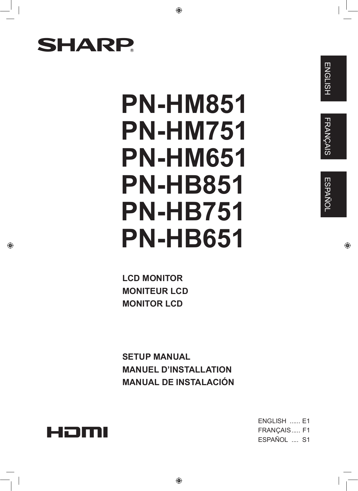 Sharp PN-HM851, PN-HM651, PN-HB651, PN-HB751, PN-HM751 User Manual