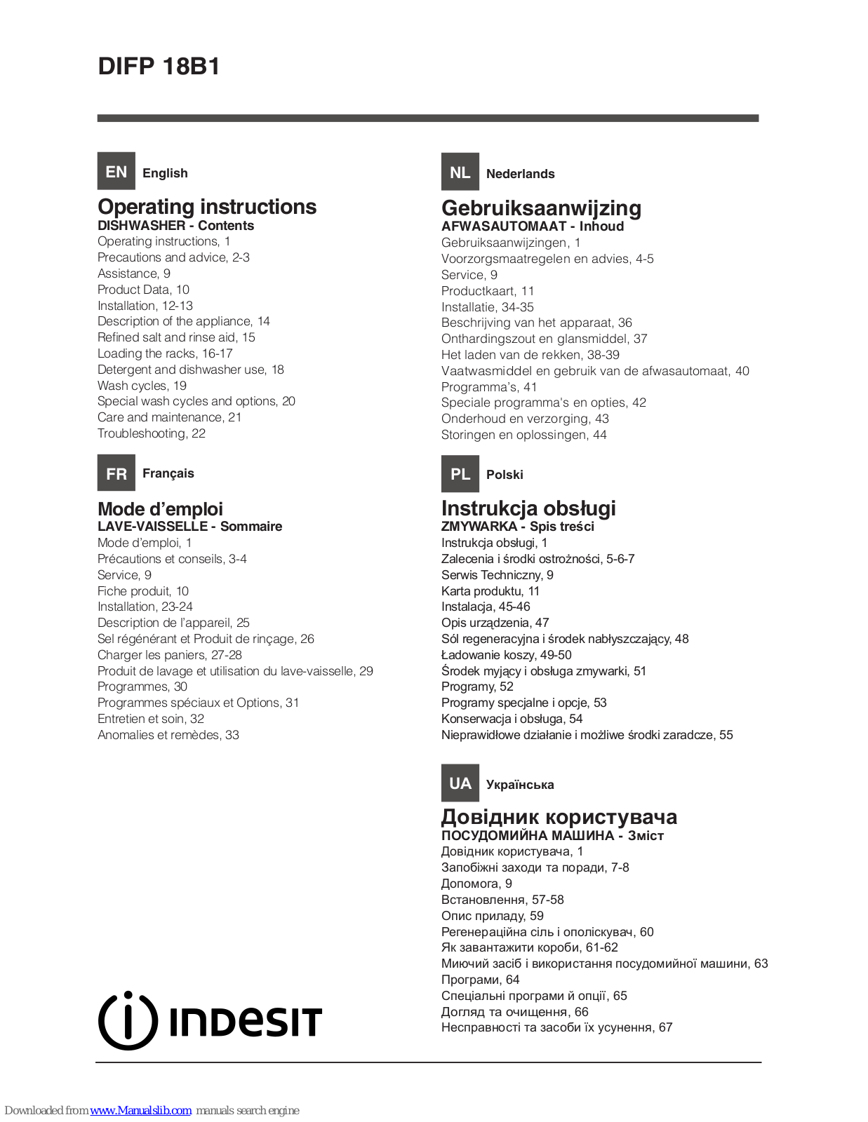 Indesit DIFP 18B1 Operating Instructions Manual