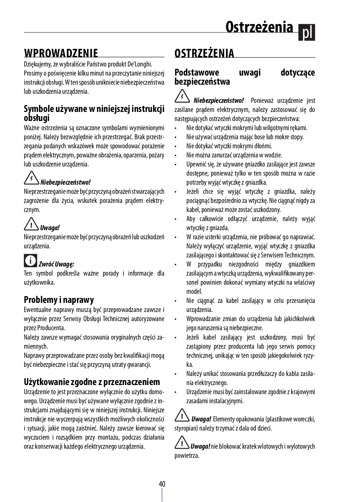 Delonghi AC75 Instruction manuals