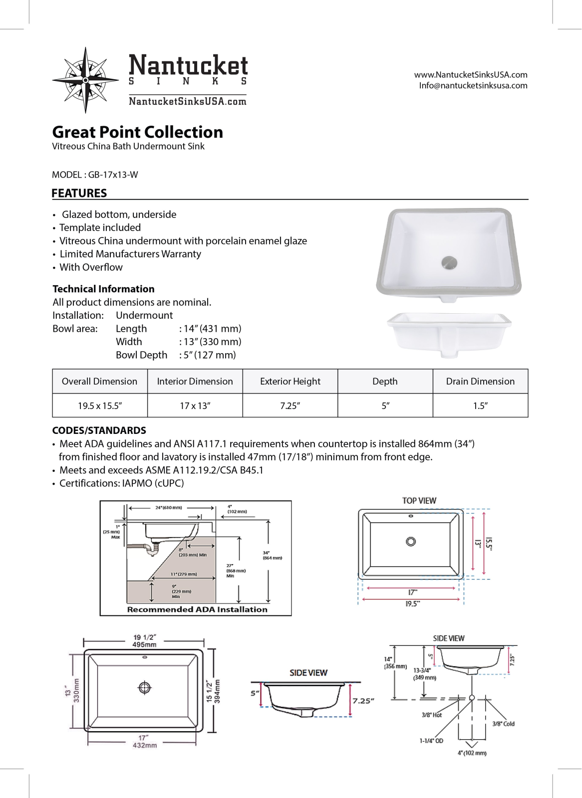 Nantucket GB17x13W Specifications