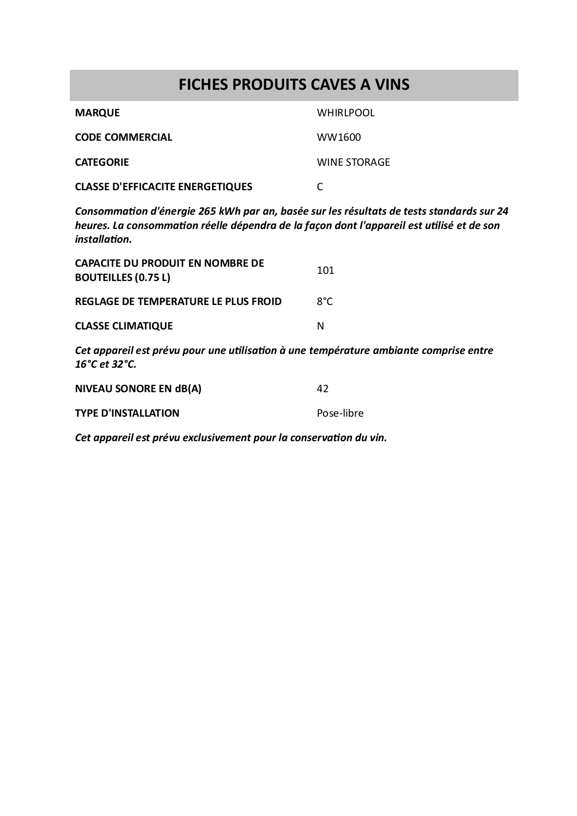 Whirlpool CF 16, KF 600-01 Product Sheet