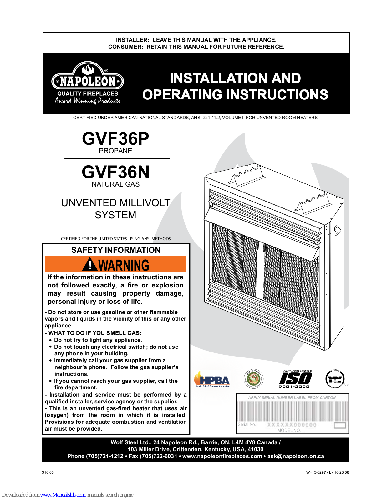 Napoleon GVF36P, GVF36N Installation And Operation Instructions Manual