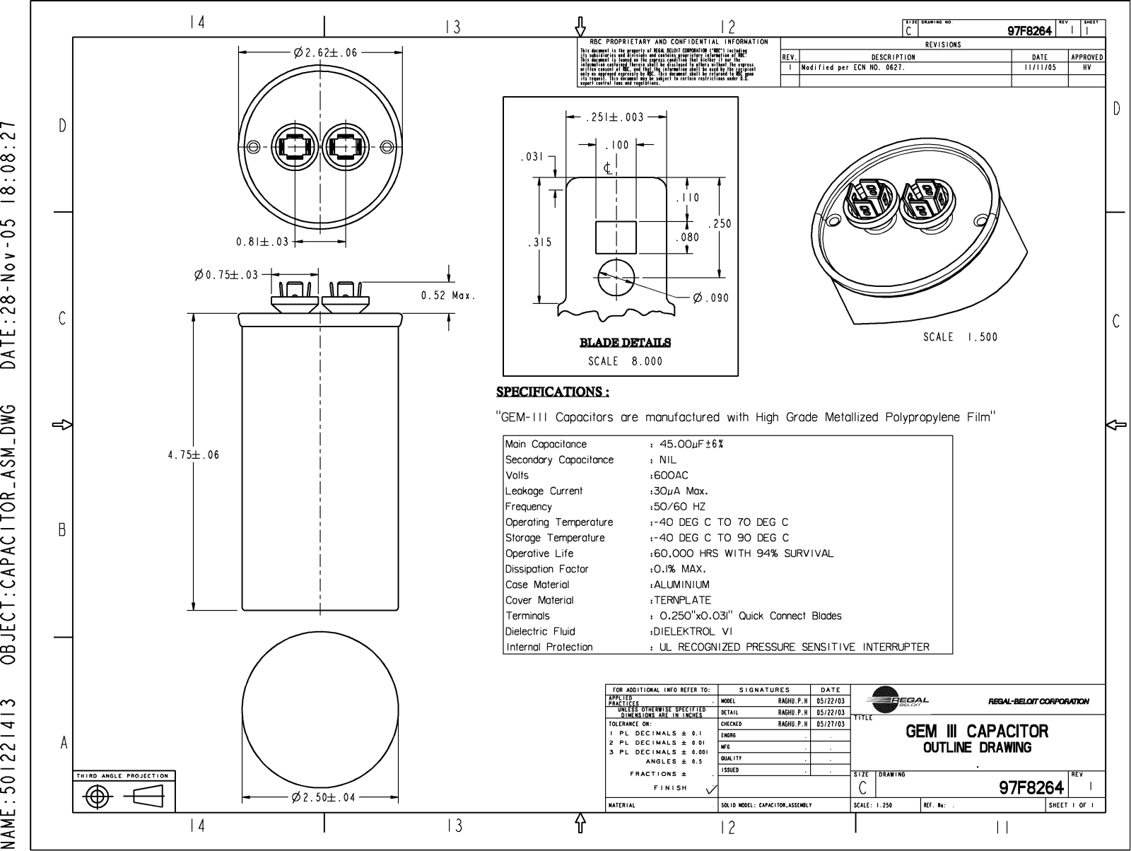 GE Capacitor 97F8264 Dimensional Sheet