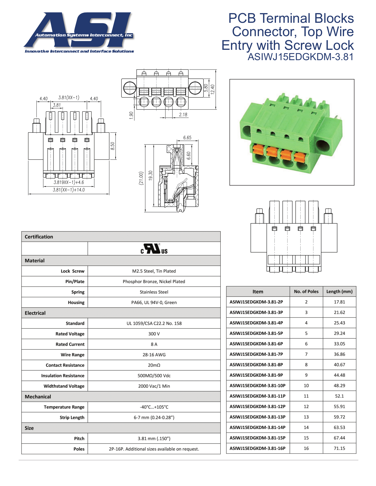 ASI-Automation Systems Interconnect ASIWJ15EDGKDM-3.81 Data Sheet