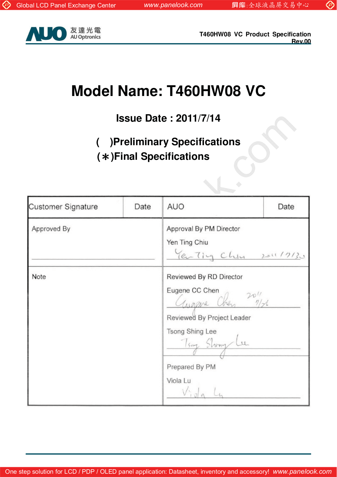 AUO T460HW08 VC Specification - ManualMachine.com