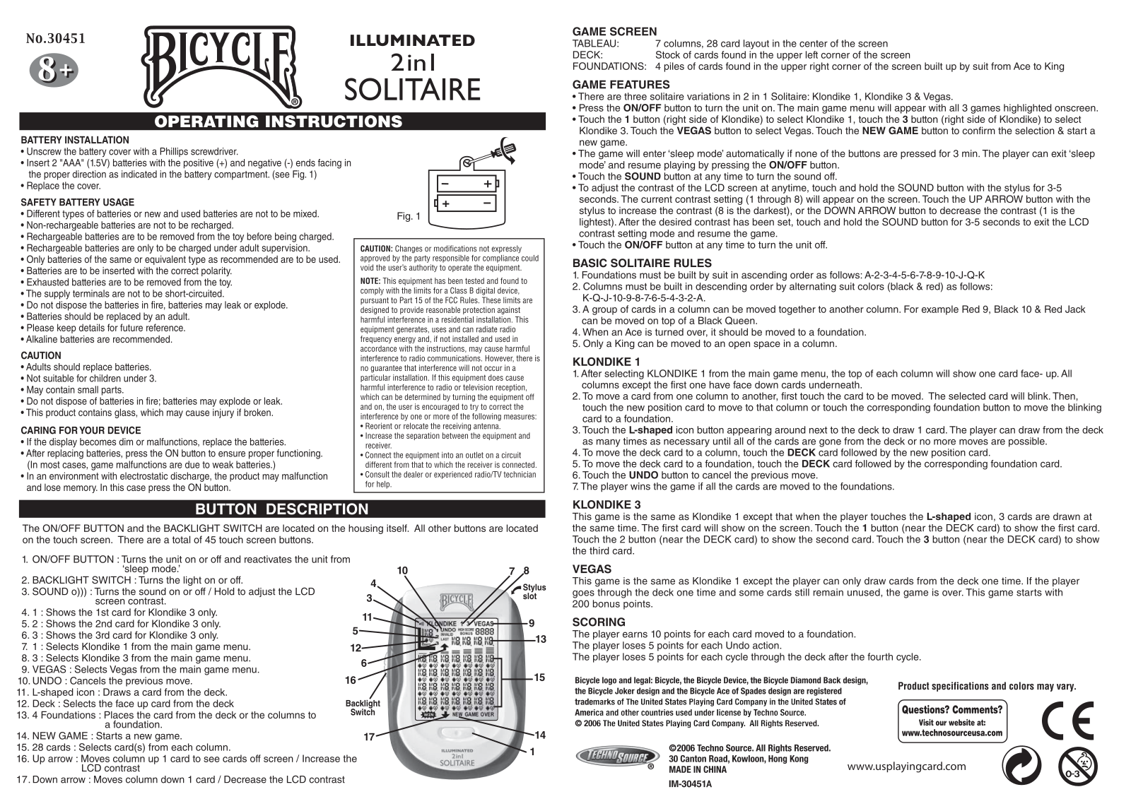 Techno Source Bicycle Illuminated 2 in 1 Solitaire, 30451 User Manual