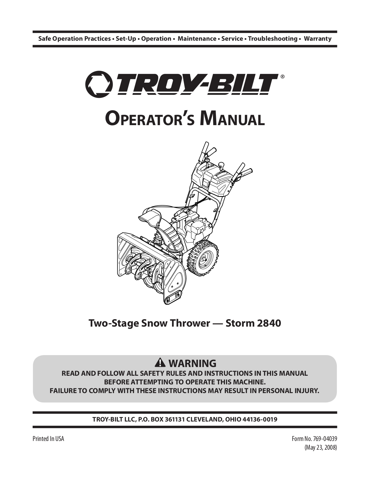 Troy-Bilt Storm 2840 User Manual