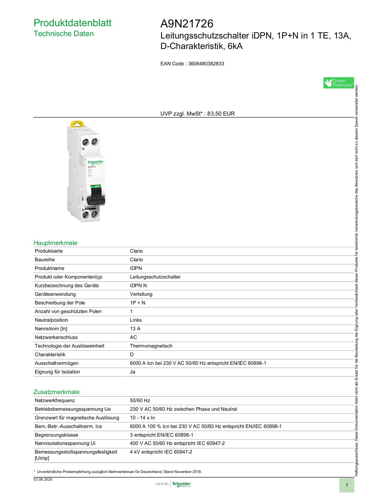 Schneider Electric A9N21726 Technische Daten