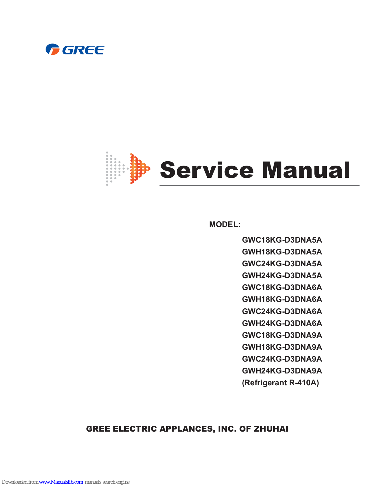 Gree GWH18KG-D3DNA5A, GWH24KG-D3DNA5A, GWH18KG-D3DNA6A, GWC24KG-D3DNA5A, GWH24KG-D3DNA6A Service Manual