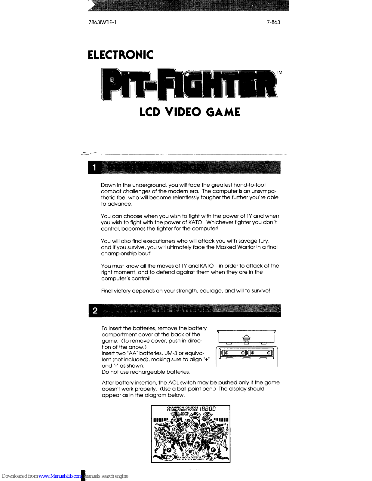 Tiger Electronics Pit-Fighter LCD Video Game 7-863, Pit-Fighter Instruction Manual