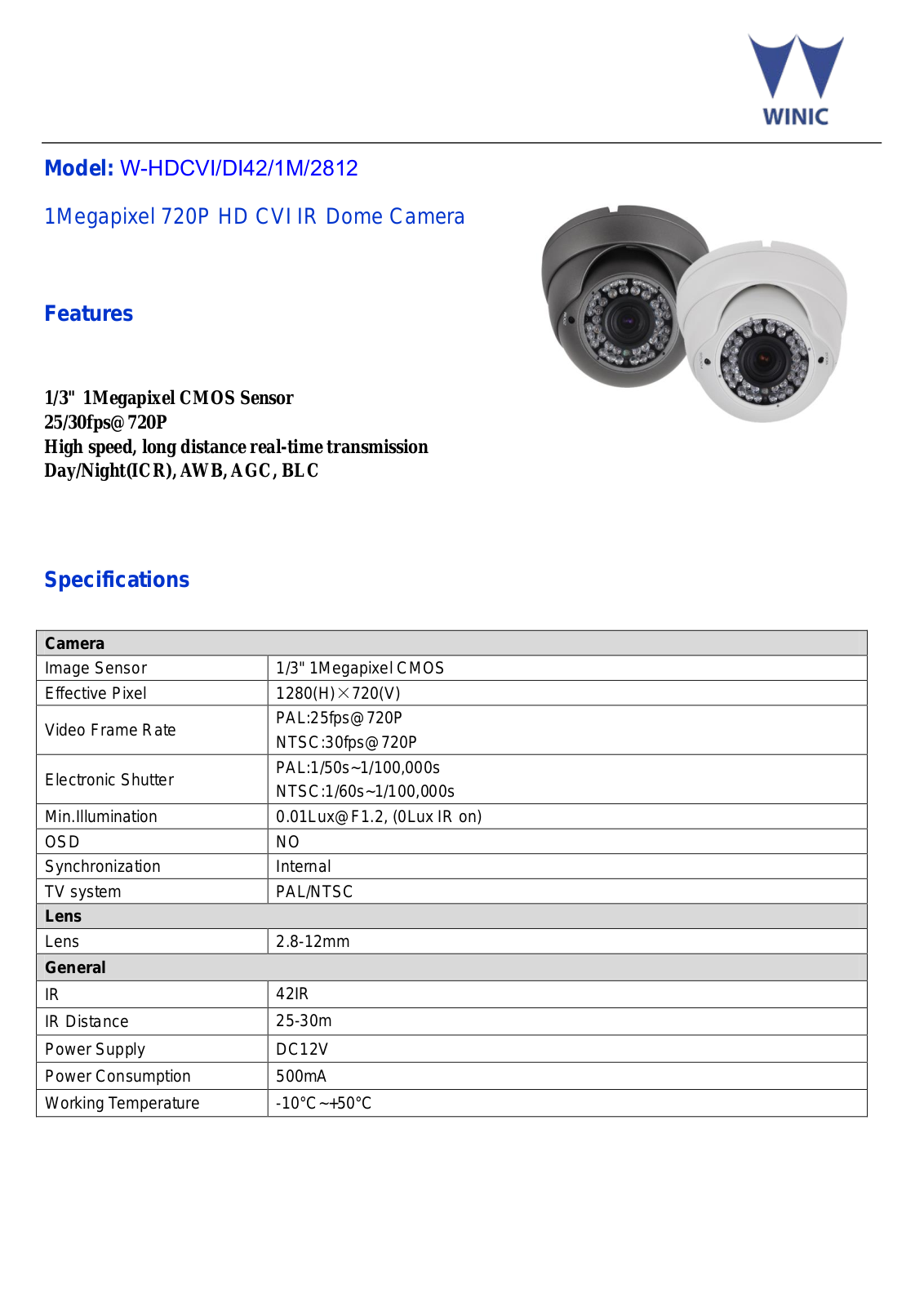 Cantek CT-W-HDCVI-DI42-1M-2812-W Specsheet