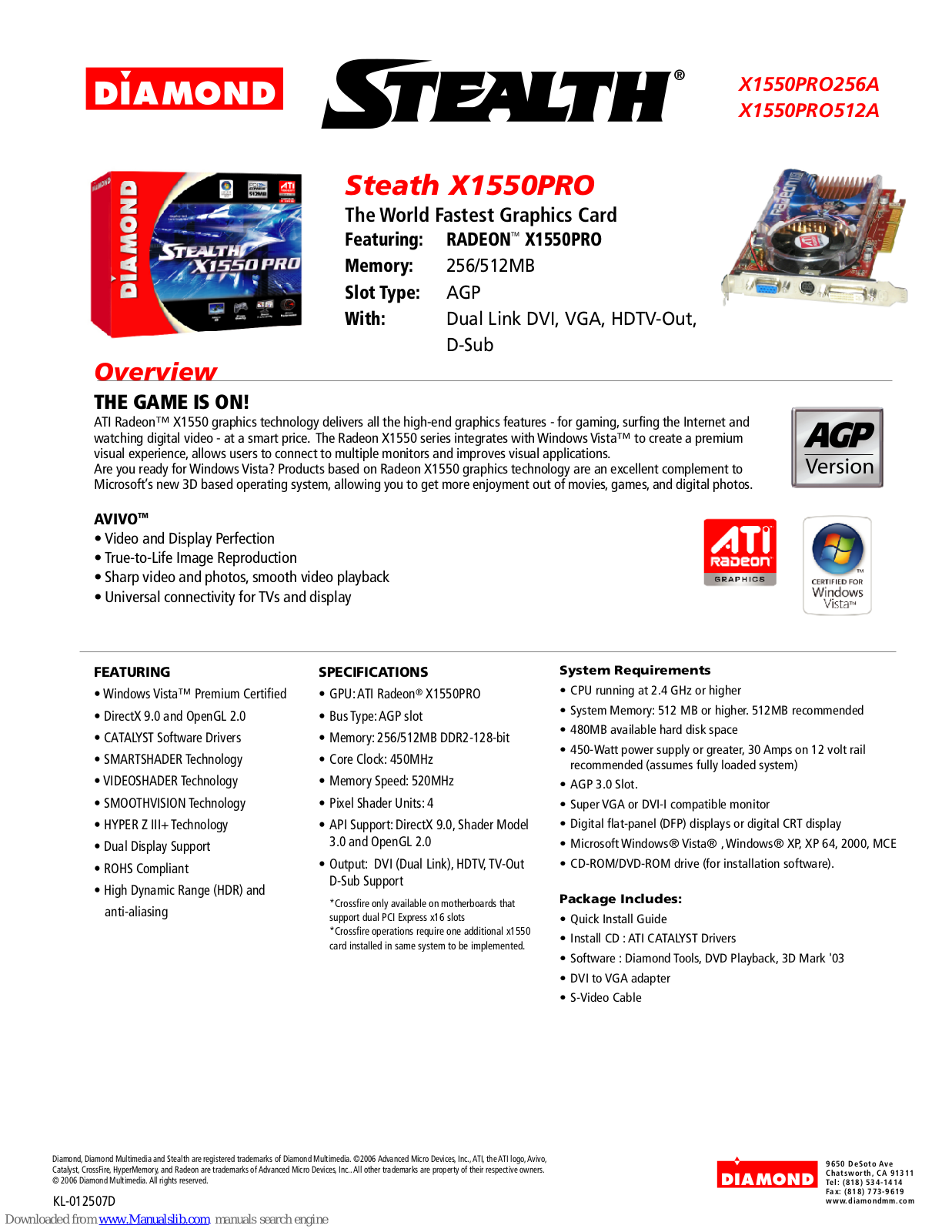 Diamond Multimedia Radeon X1550PRO, Radeon X1550PRO256A, Radeon X1550PRO512A, Steath X1550PRO256A, Steath X1550PRO512A Specification Sheet