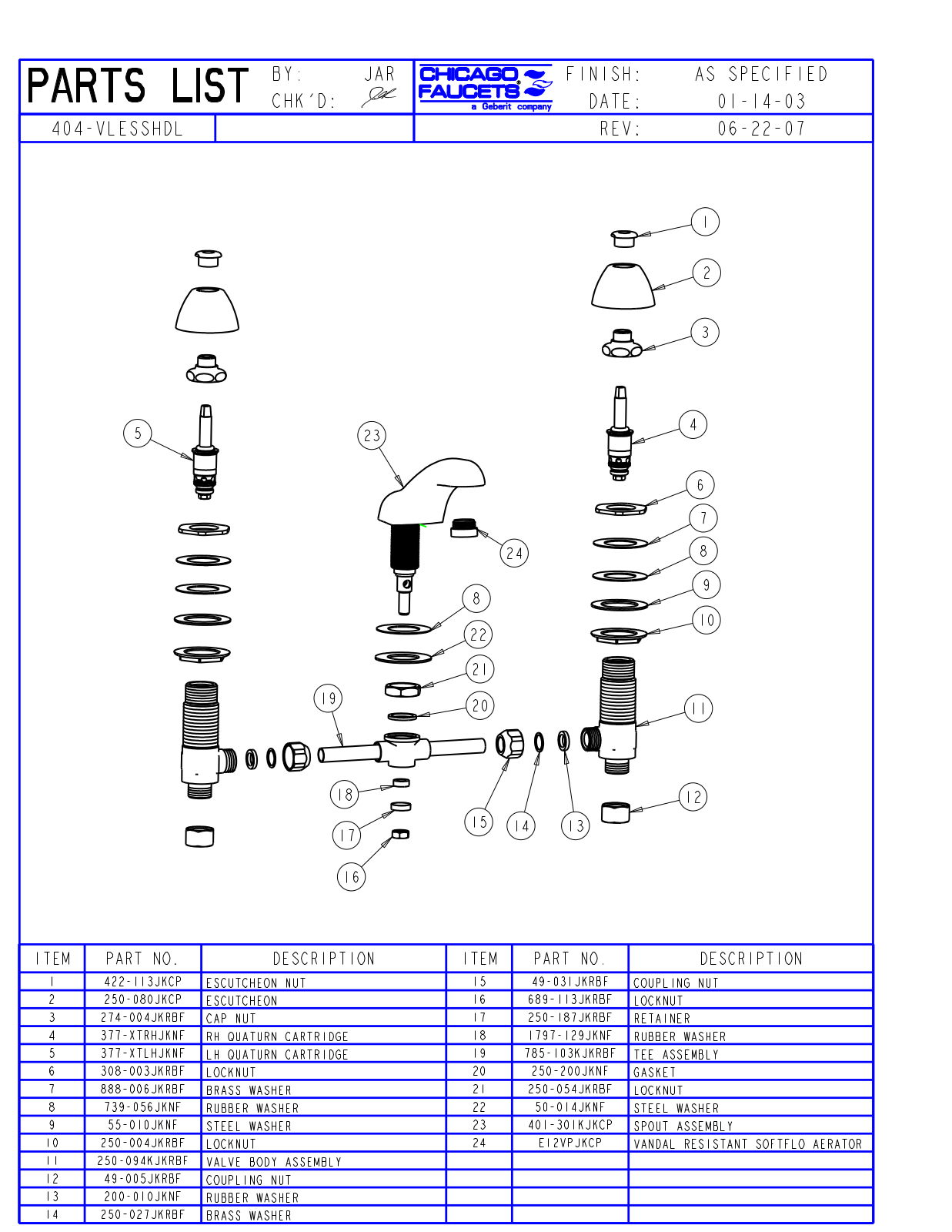 Chicago Faucet 404-VLESSHDL Parts List