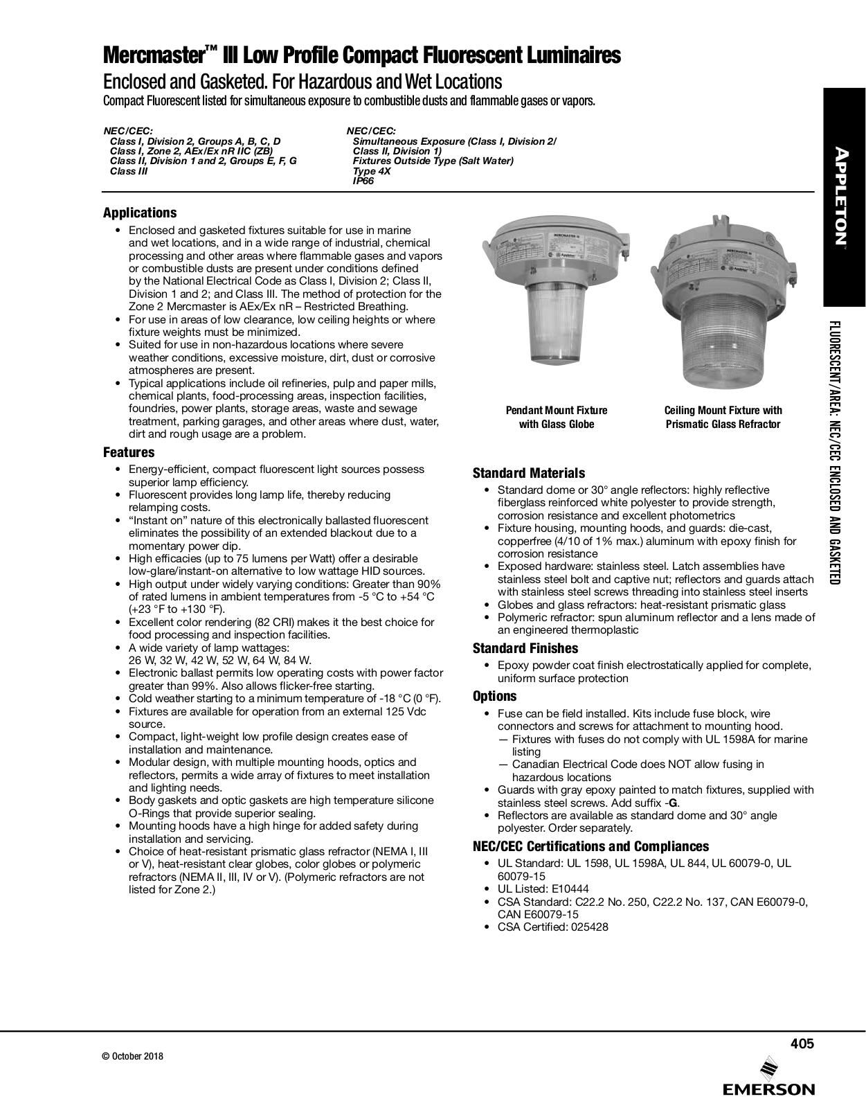 Appleton Mercmaster™ III Low Profile Compact Fluorescent Luminaires Catalog Page