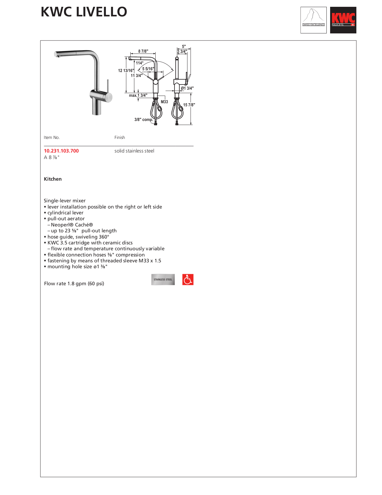 KWC 10.231.103.700 Specification Sheet