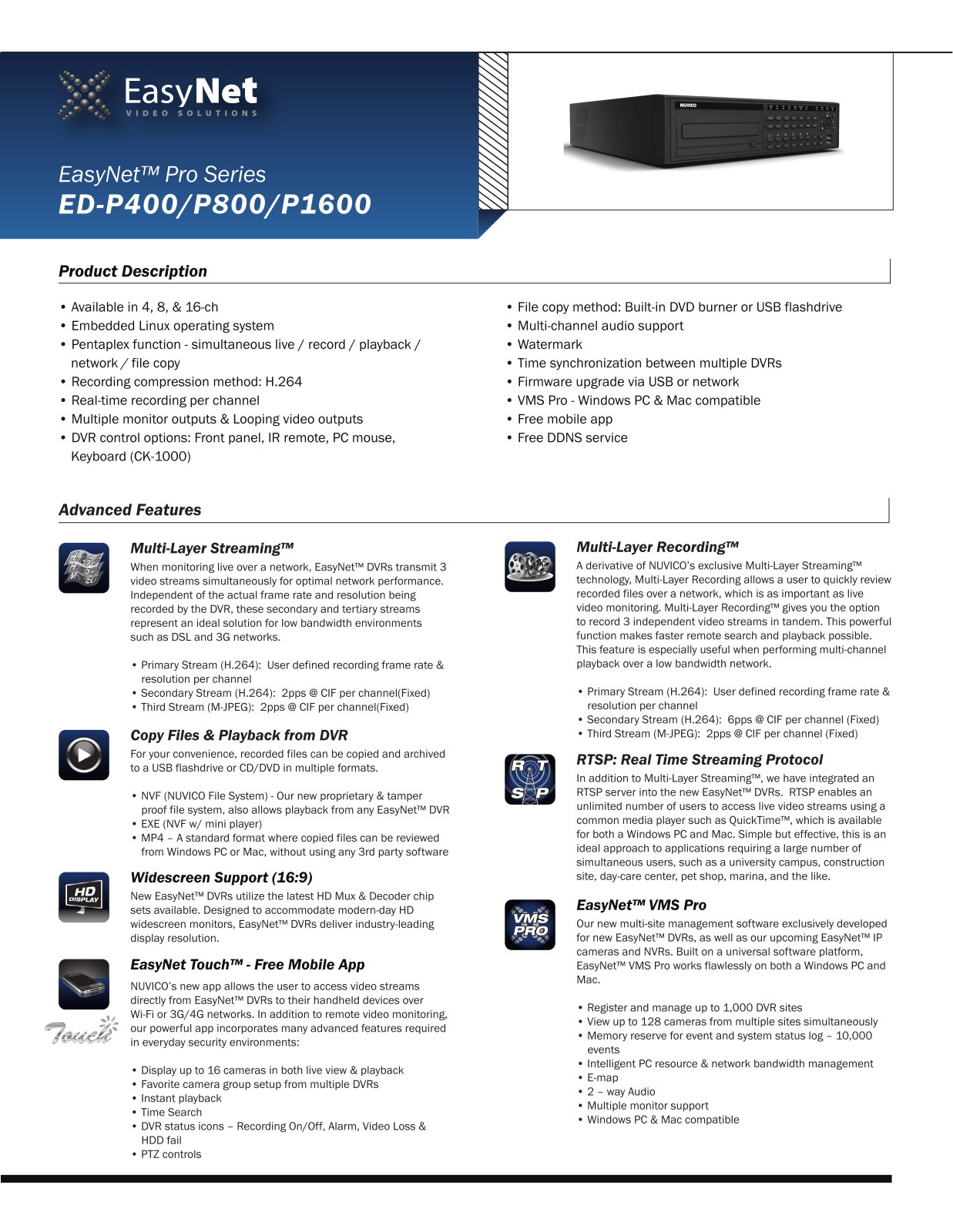 Nuvico ED-P860, ED-P410, ED-P1640, ED-P1630, ED-P1610 Specsheet