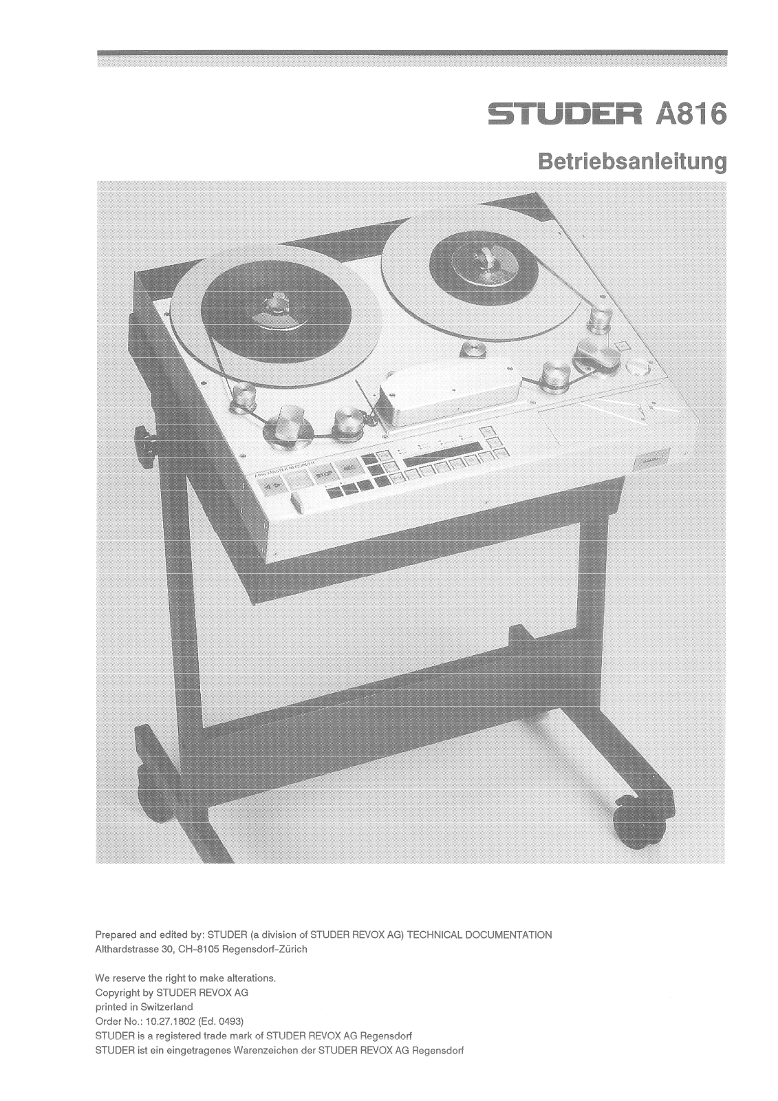 Studer A-816 Owners manual