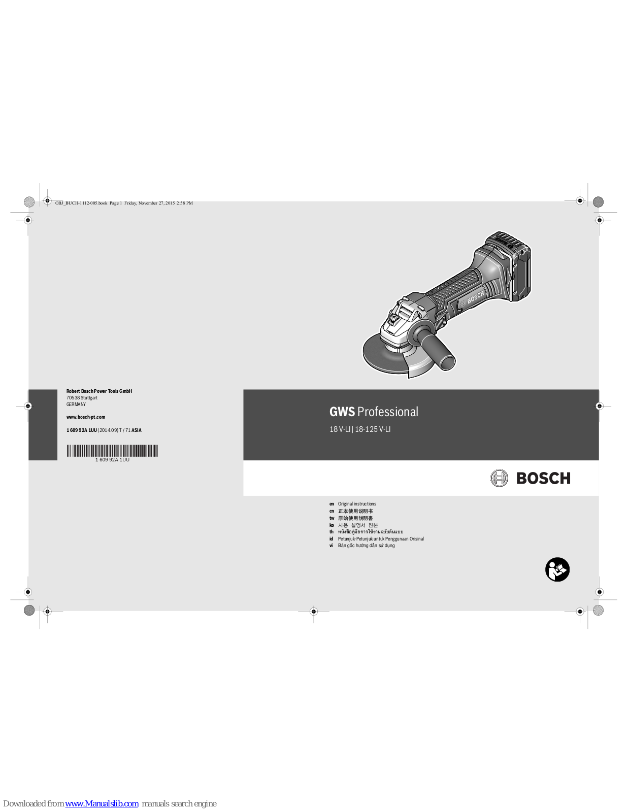 Bosch GWS Professional 18-125 V-LI, GWS Professional 18 V-LI Original Instructions Manual