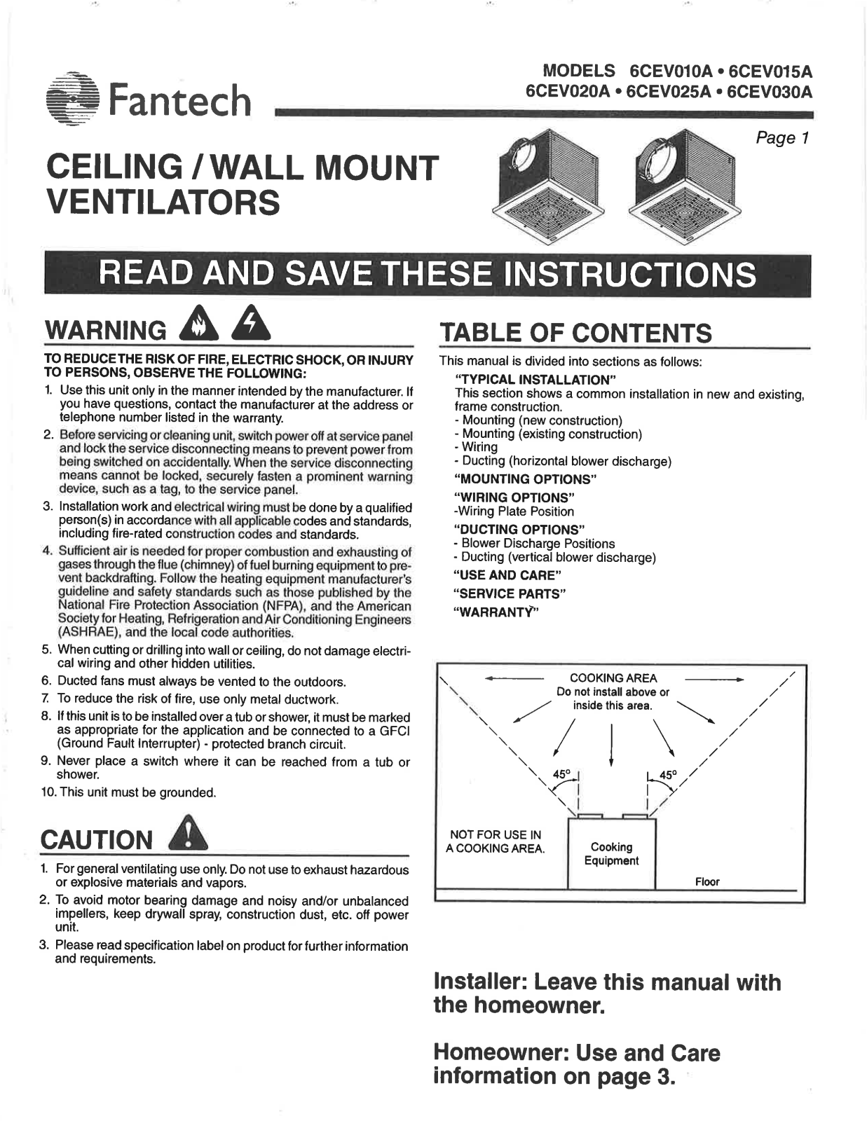 Fantech 6CEV010A, 6CEV015A, 6CEV020A, 6CEV025A, 6CEV030A Installation Manual - ManualMachine.com