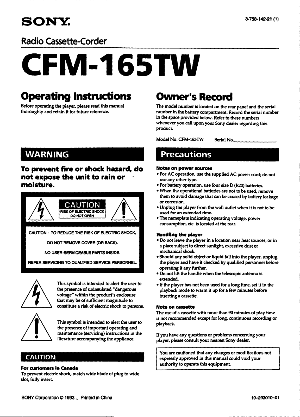 Sony CFM-165TW User Manual