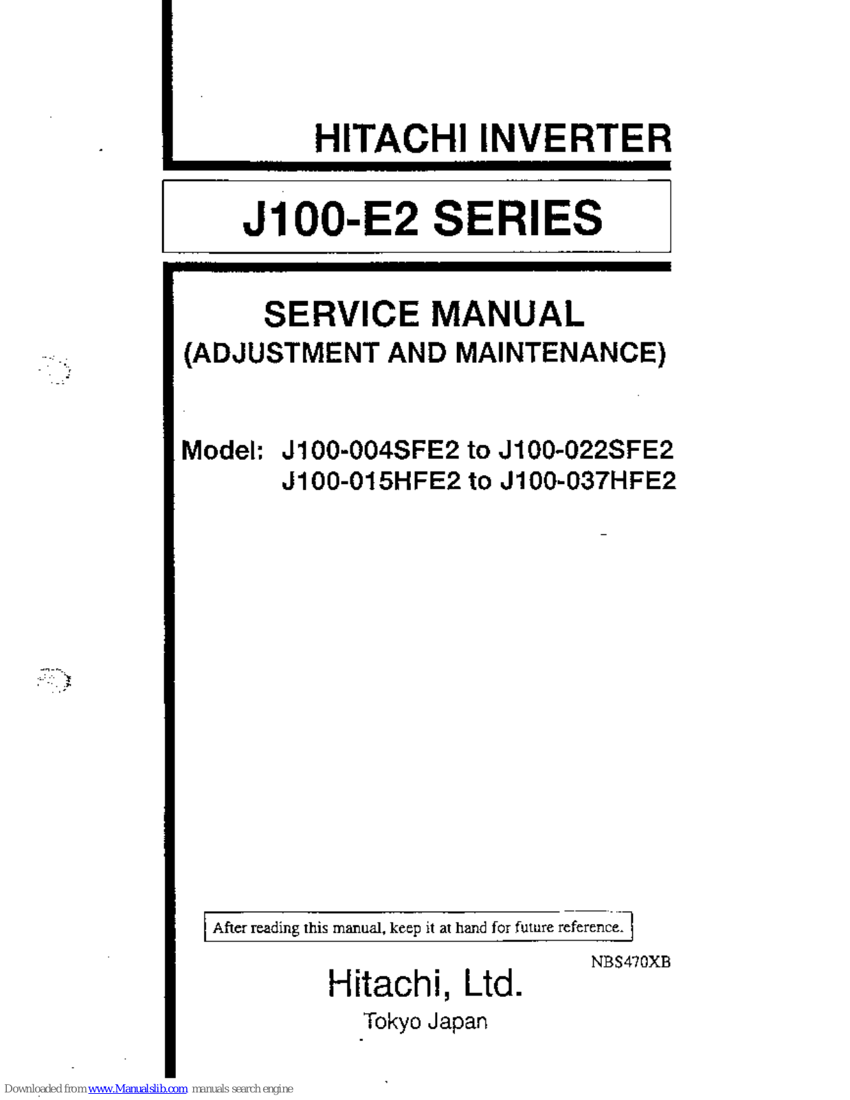 Hitachi J100-007SFE2, J100-015SFE2, J100-022HFE2 Service Manual