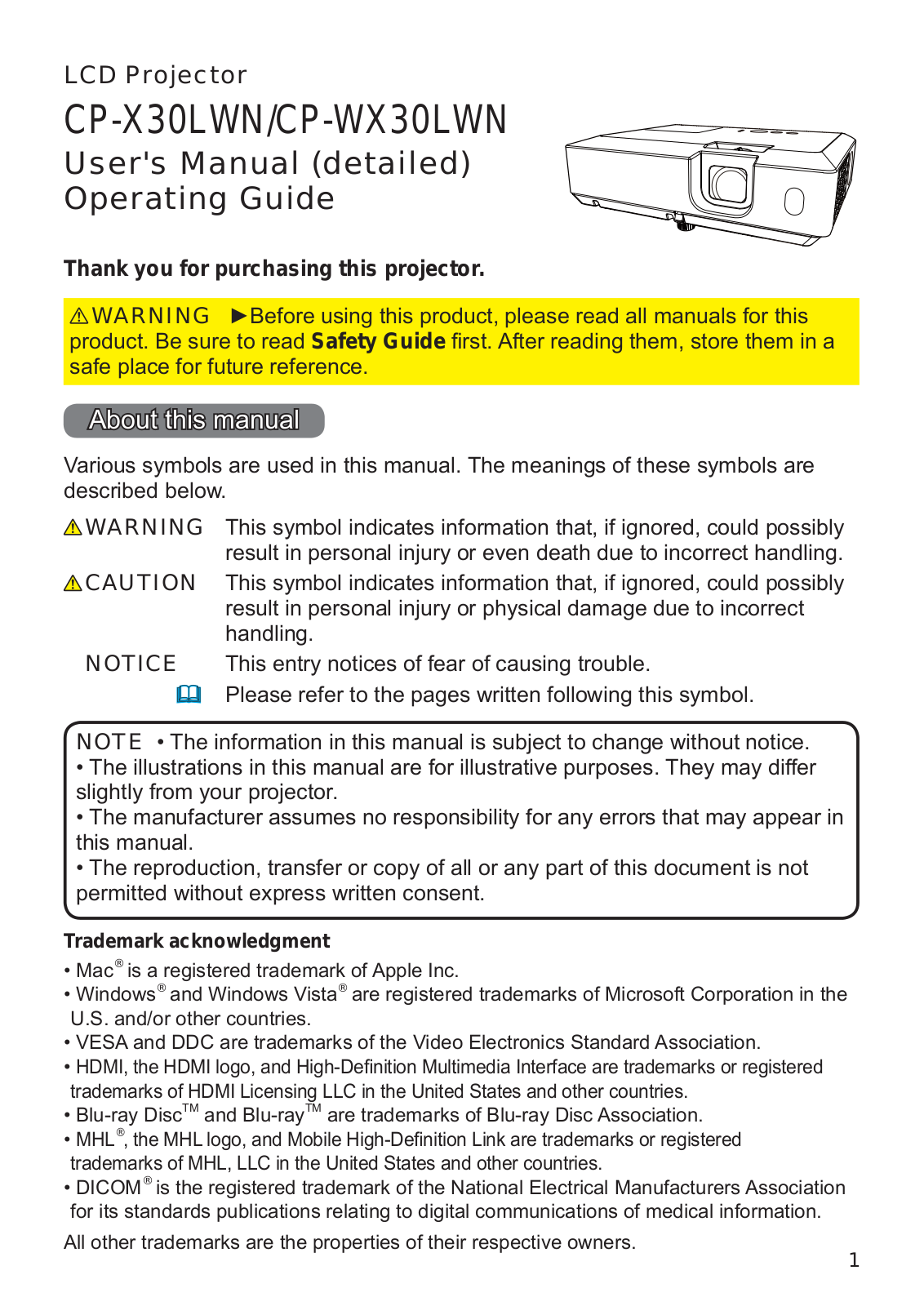 Hitachi CP-X30LWN, CP-WX30LWN User Manual