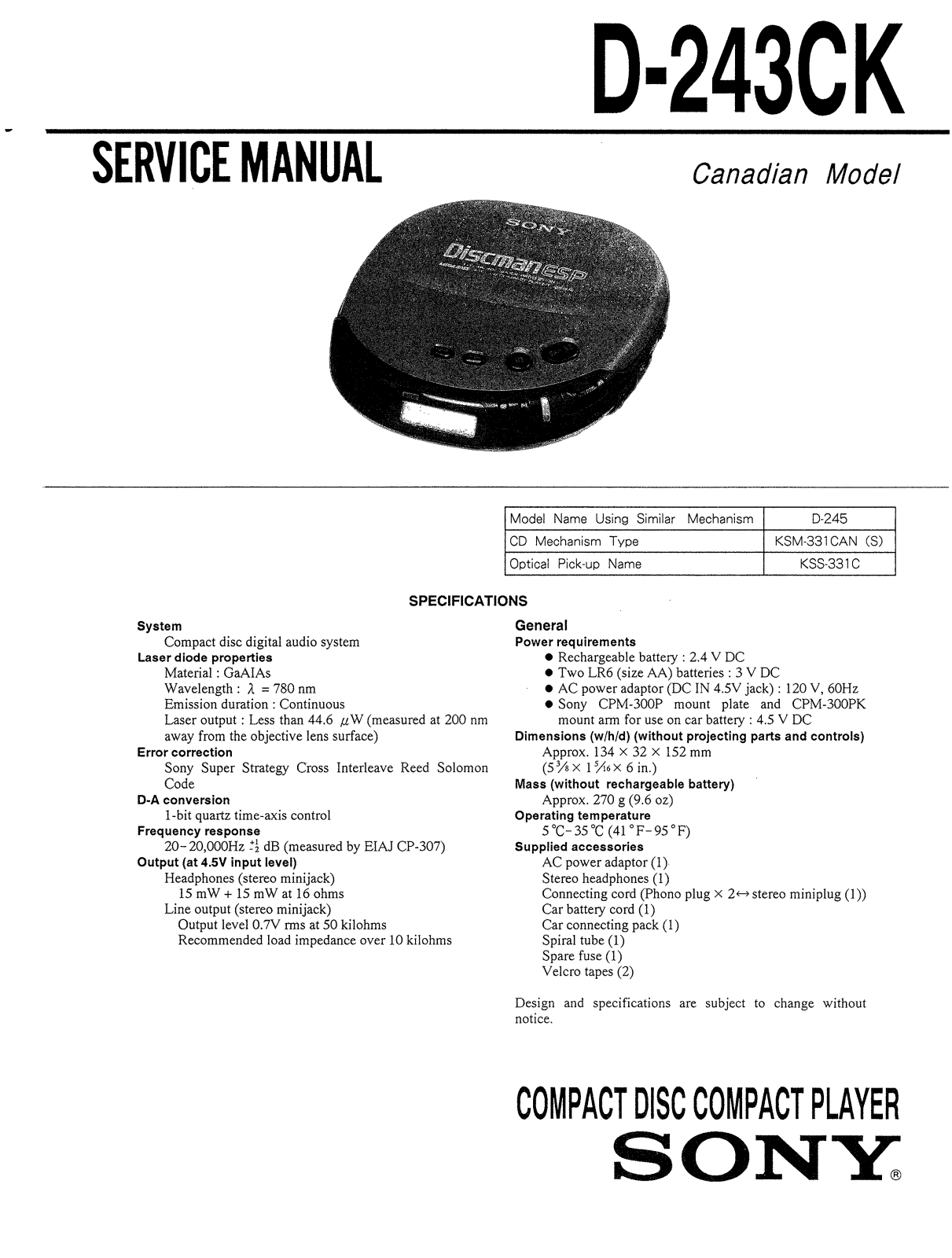 Sony D-243-CK Service manual