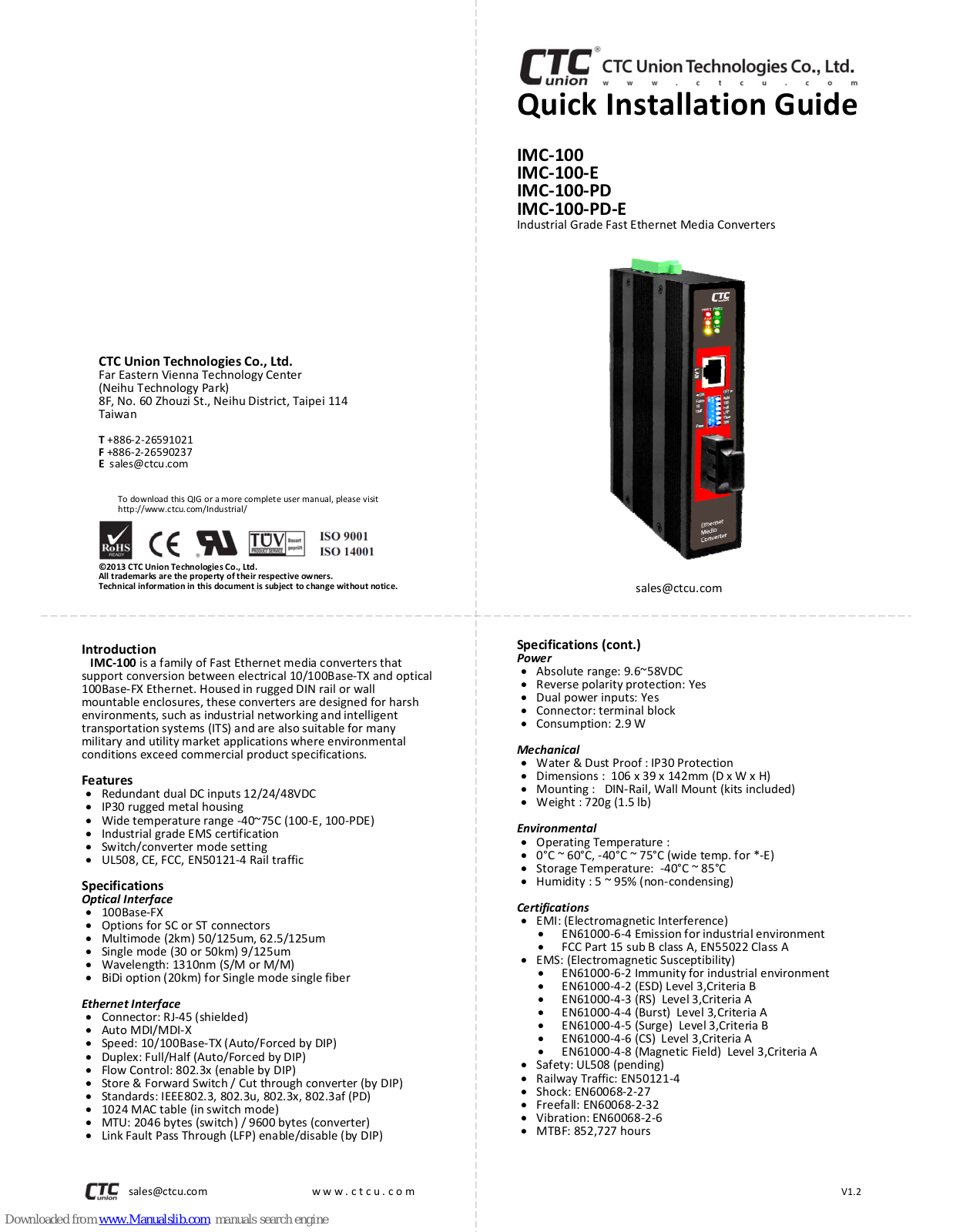 CTC Union IMC-100-E, IMC-100, IMC-100-PD, IMC-100-PD-E Quick Installation Manual - ManualMachine.com