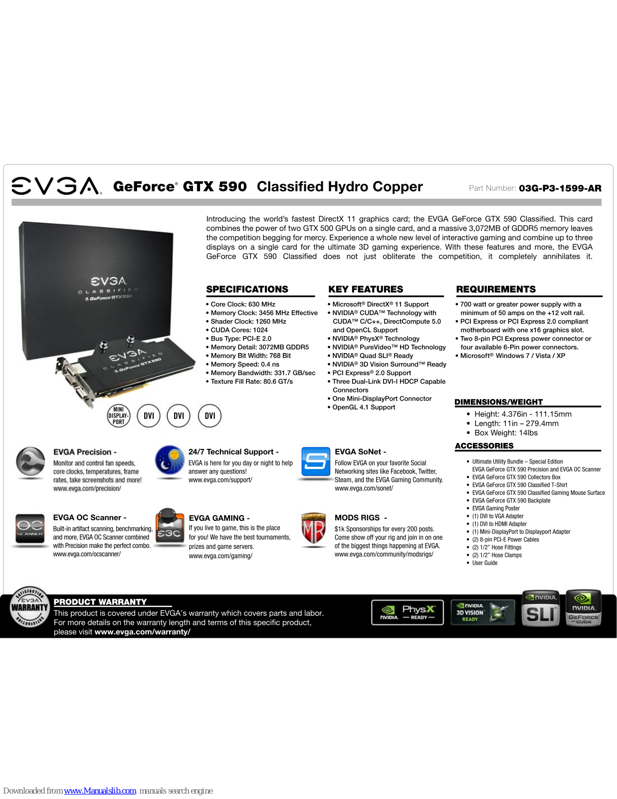 EVGA GeForce GTX 590 Classified Hydro Copper, 03G-P3-1599-AR Specification - ManualMachine.com