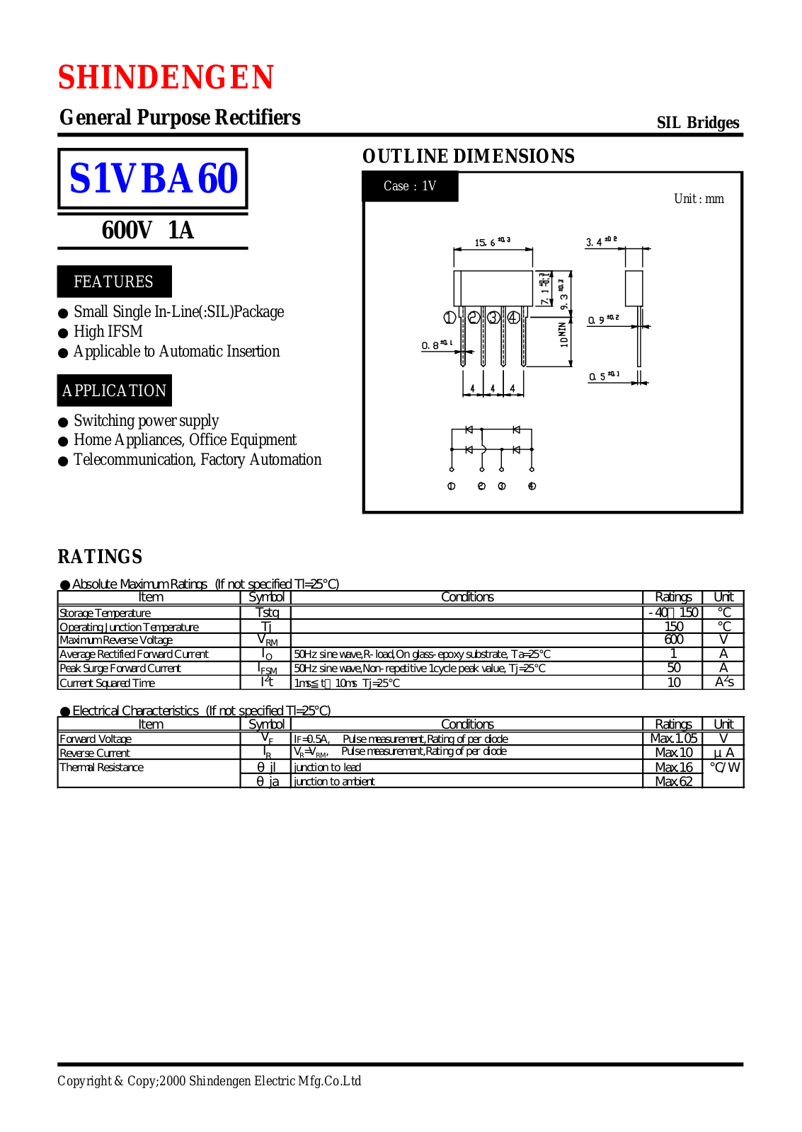 Shindengen Electric Manufacturing Company Ltd S1VBA60 Datasheet