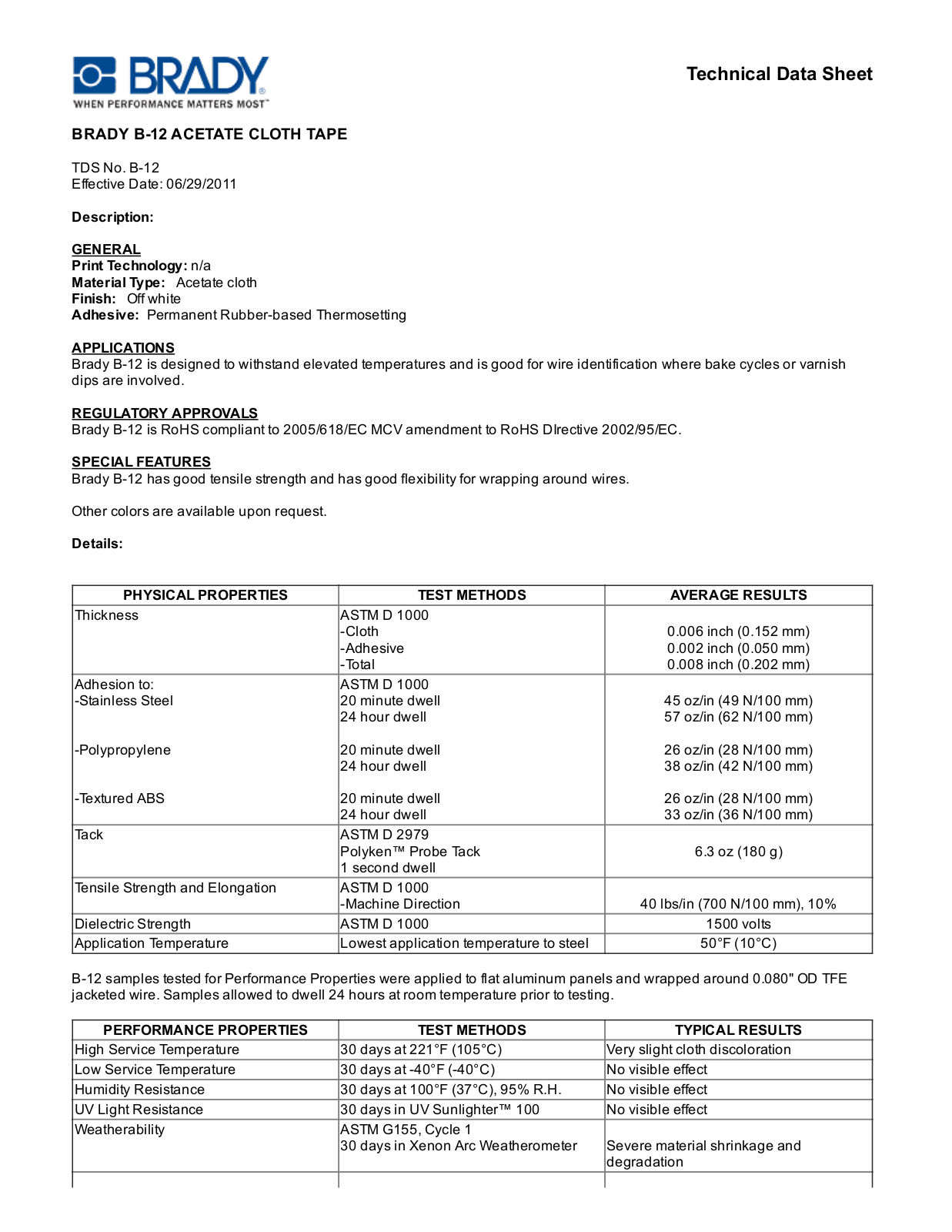 Brady B­12 Technical Data