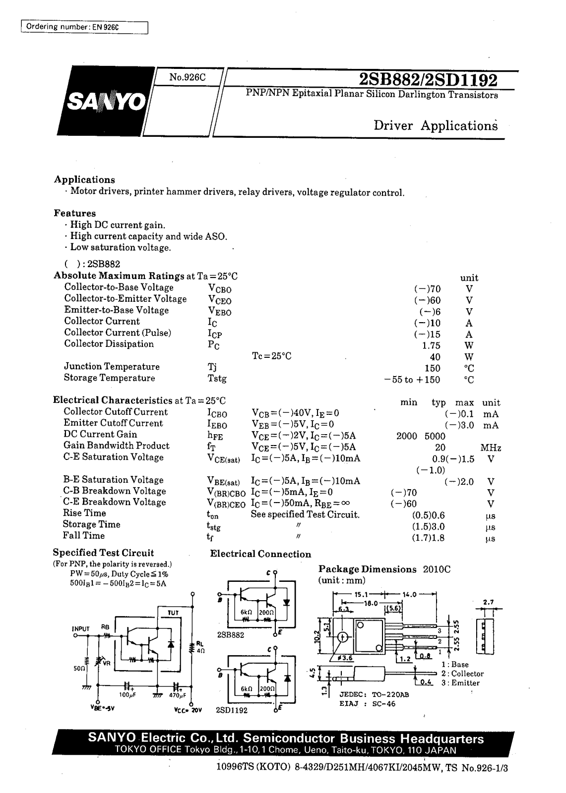 SANYO 2SD1192, 2SB882 Datasheet