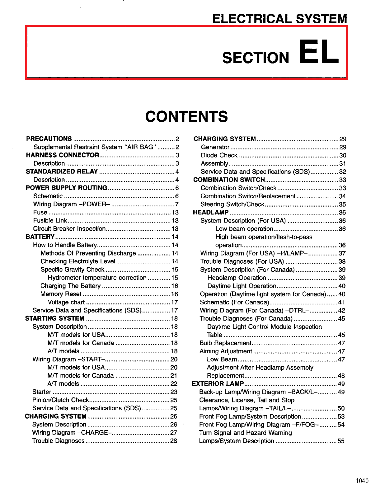 Nissan Altima Electrical System  EL 1995 Owner's Manual