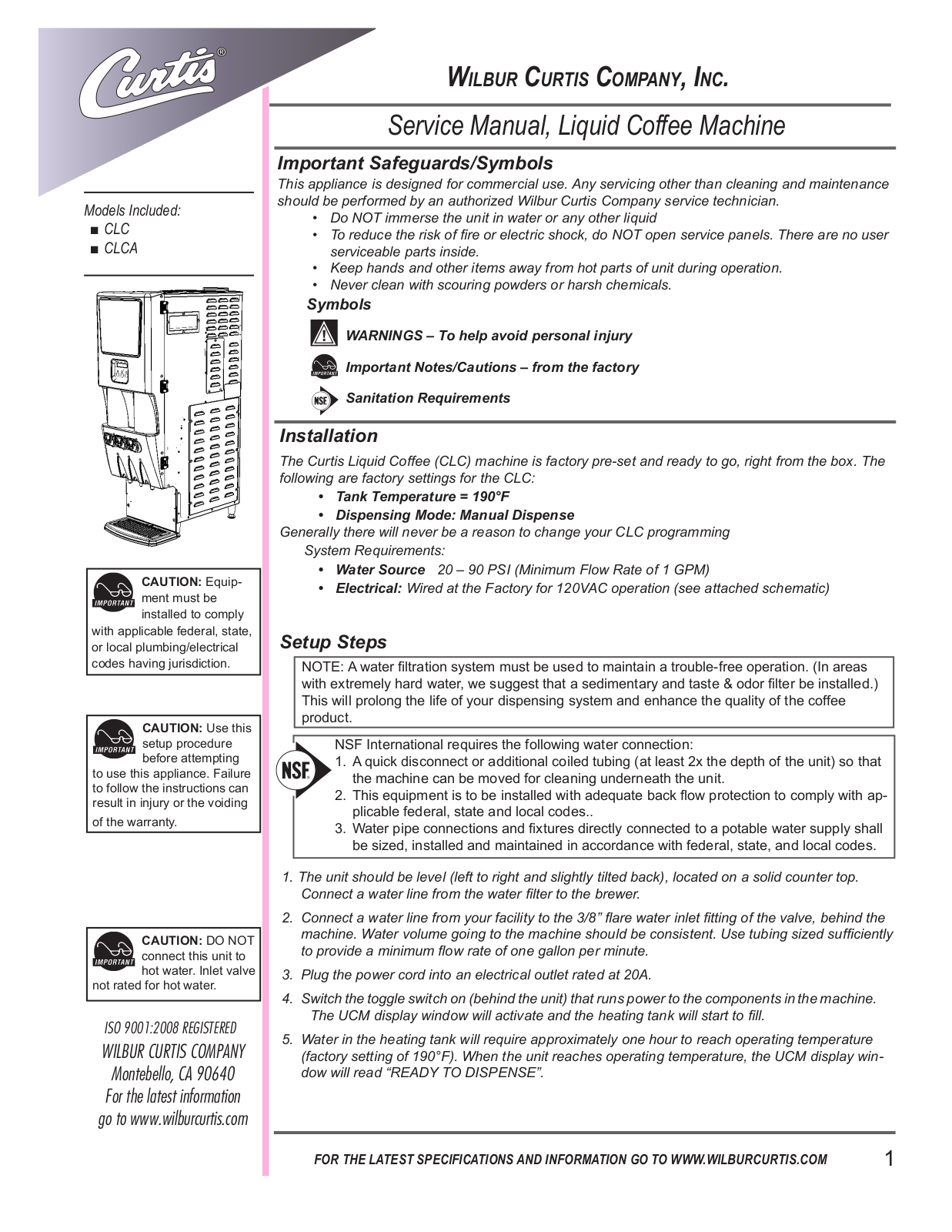 Wilbur Curtis CLC Service Manual