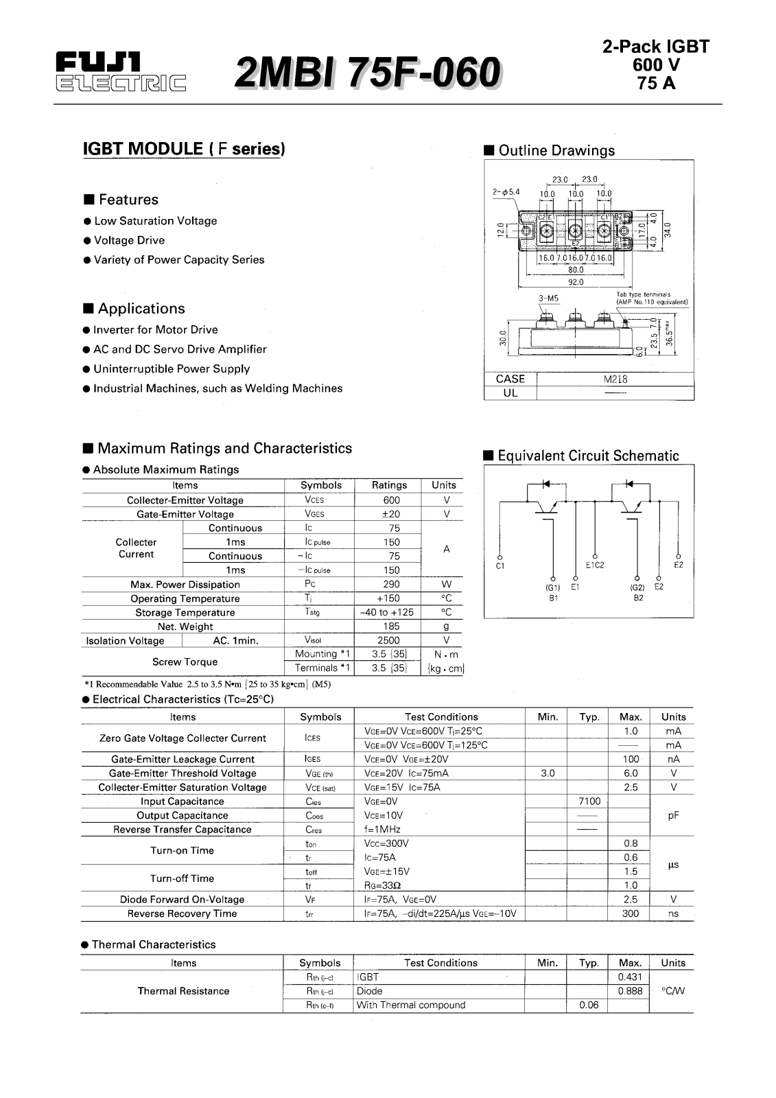 Fuji Electric 2MBI75F-060 Data Sheet