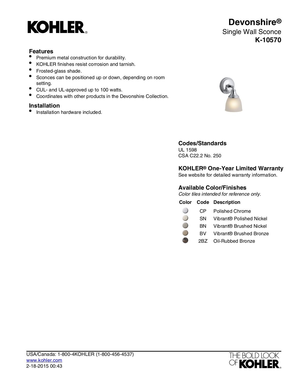 Kohler LBPR5930 Specifications - ManualMachine.com