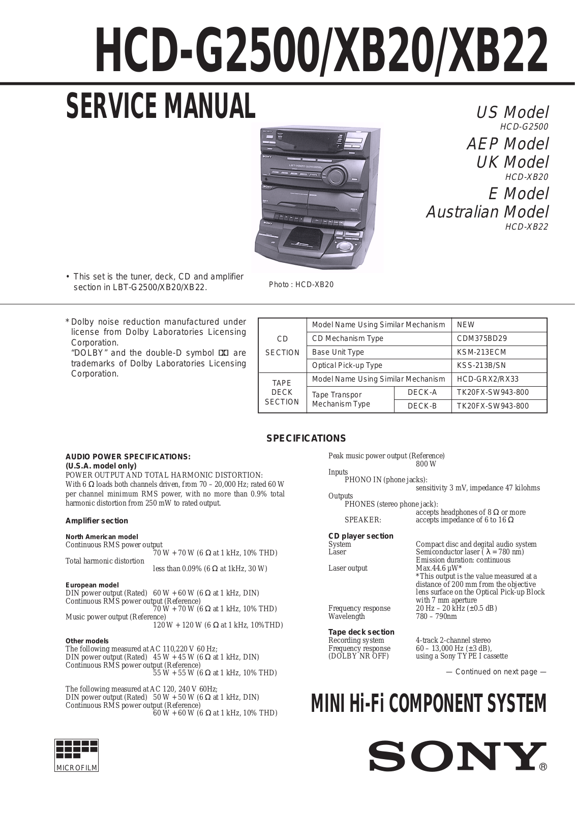 SONY HCD-G2500, HCD-XB20, HCD-XB22 Service Manual