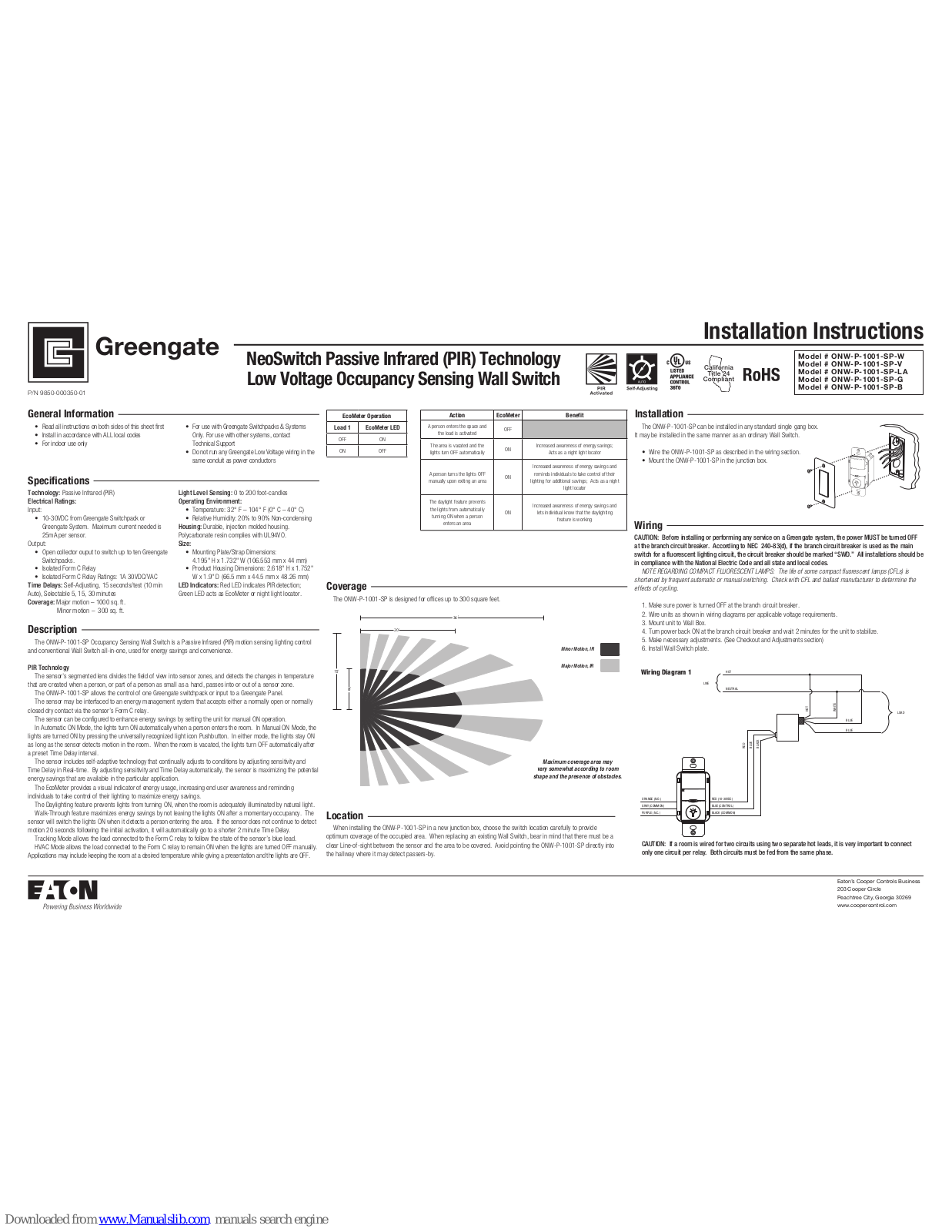 Greengate ONW-P-1001-SP-W, ONW-P-1001-SP-V, ONW-P-1001-SP-LA, ONW-P-1001-SP-G, ONW-P-1001-SP-B Installation Instructions Manual