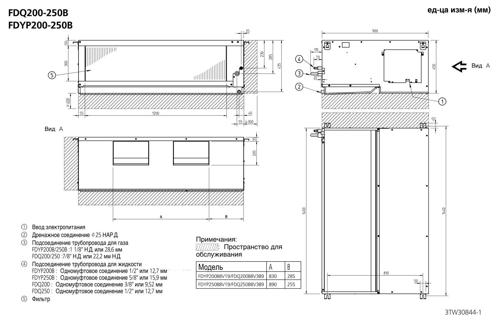 Daikin FDQ200B, FDQ250B, FDYP200B, FDYP250B Dimensions